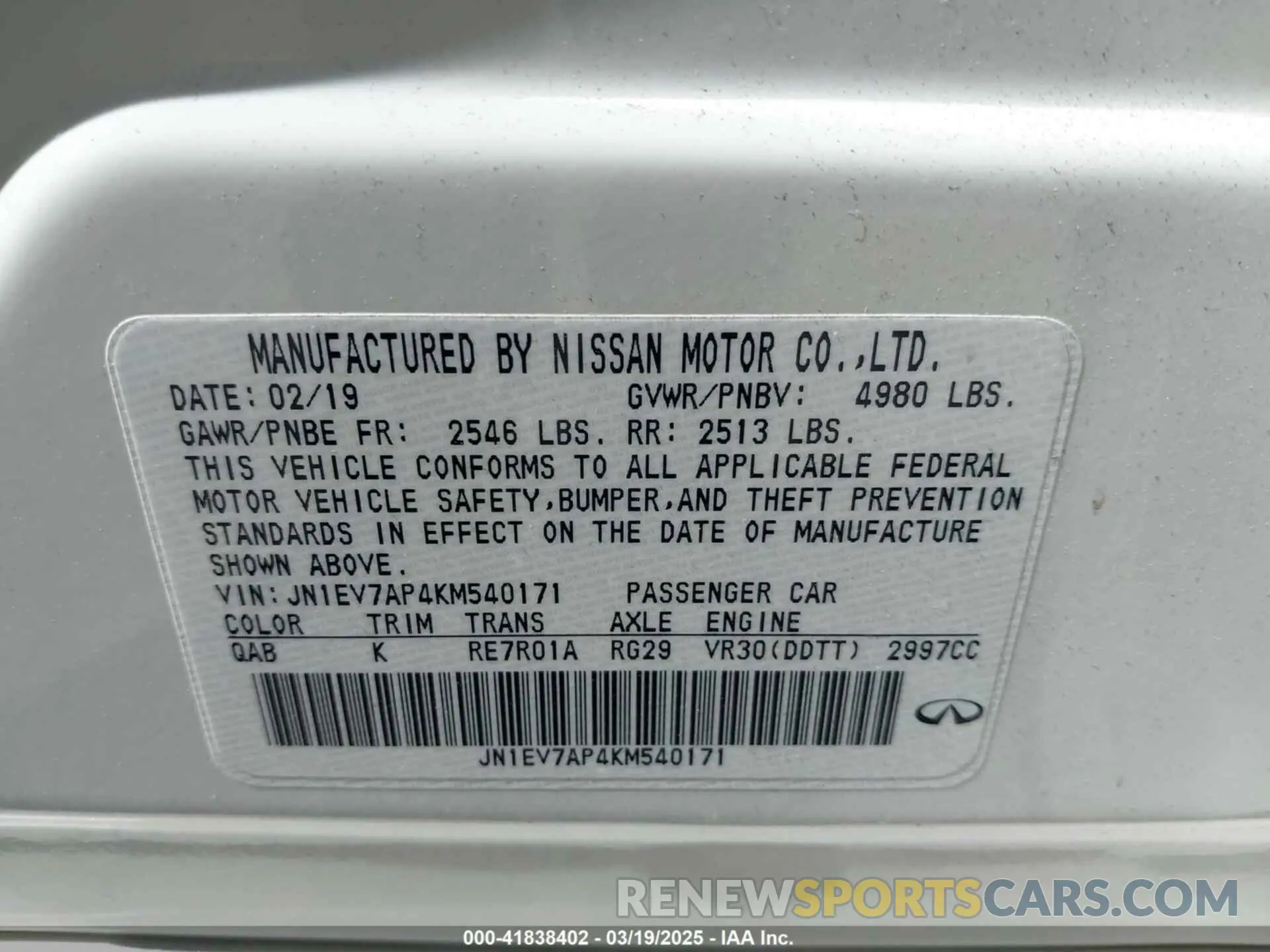 9 Photograph of a damaged car JN1EV7AP4KM540171 INFINITI Q50 2019