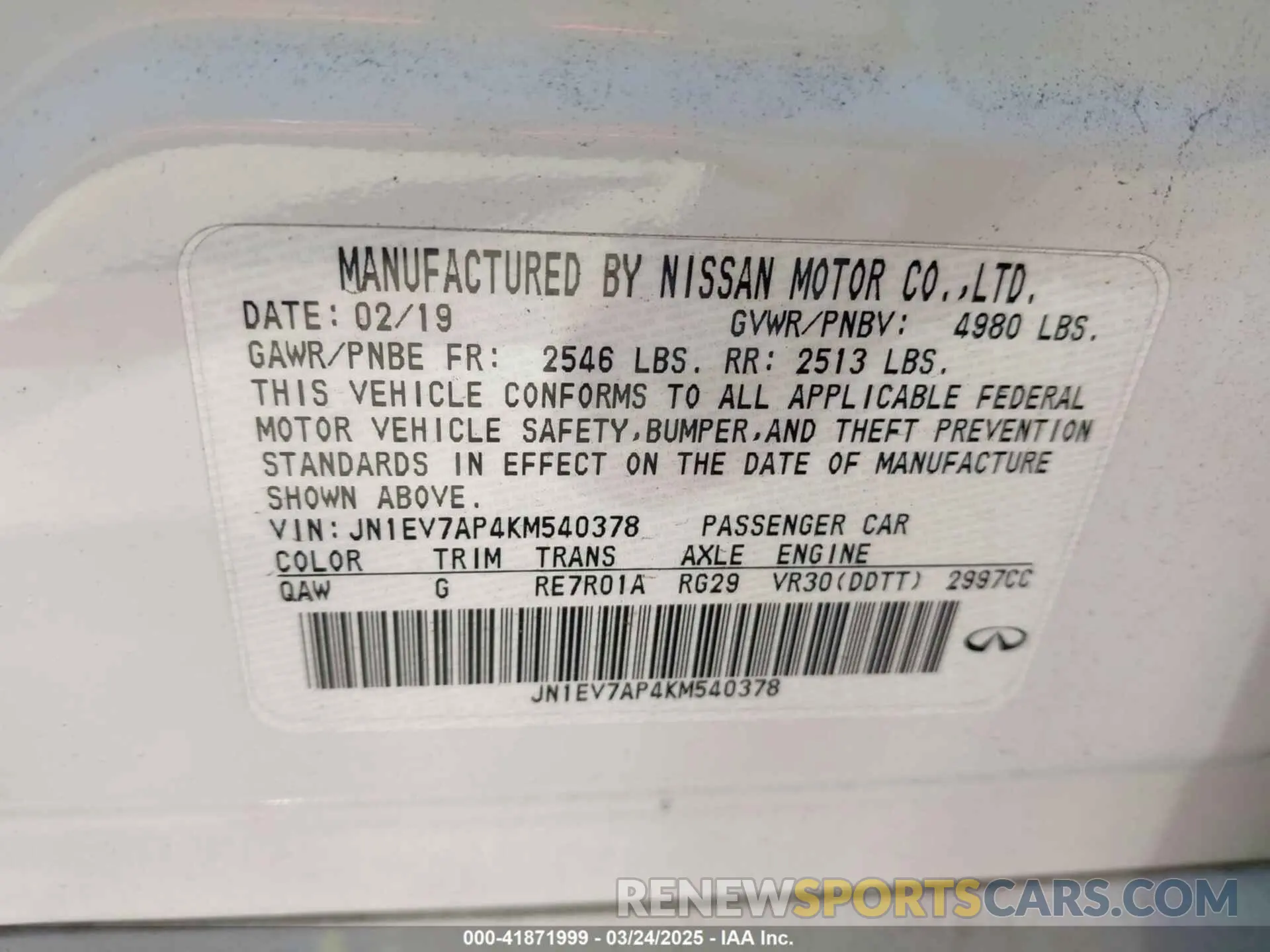 9 Photograph of a damaged car JN1EV7AP4KM540378 INFINITI Q50 2019