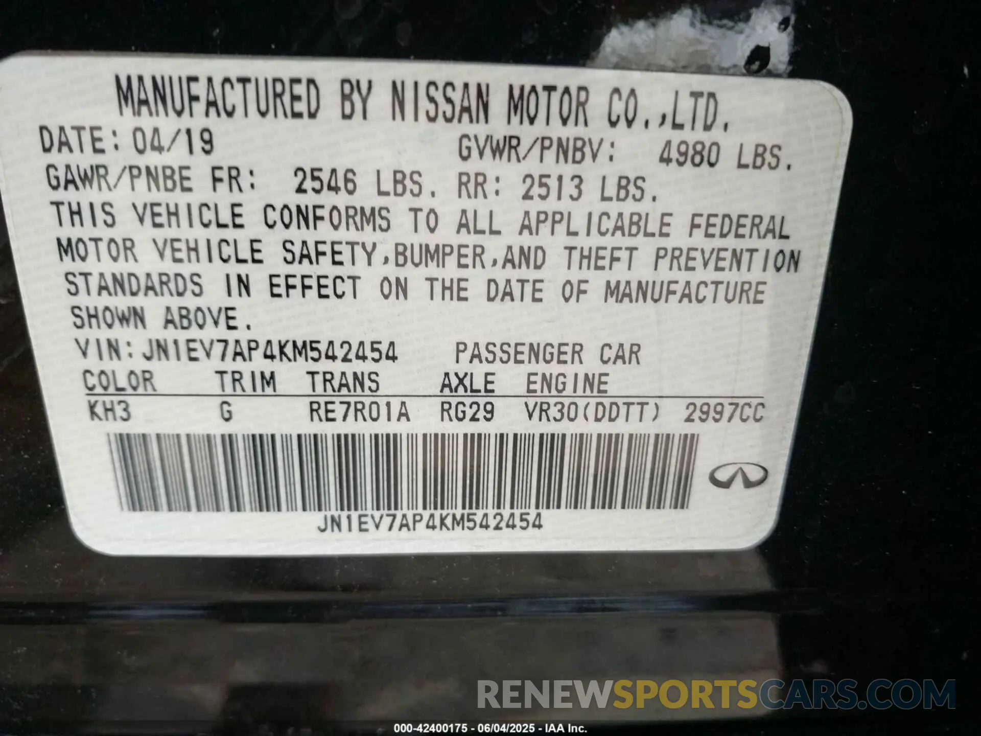 9 Photograph of a damaged car JN1EV7AP4KM542454 INFINITI Q50 2019