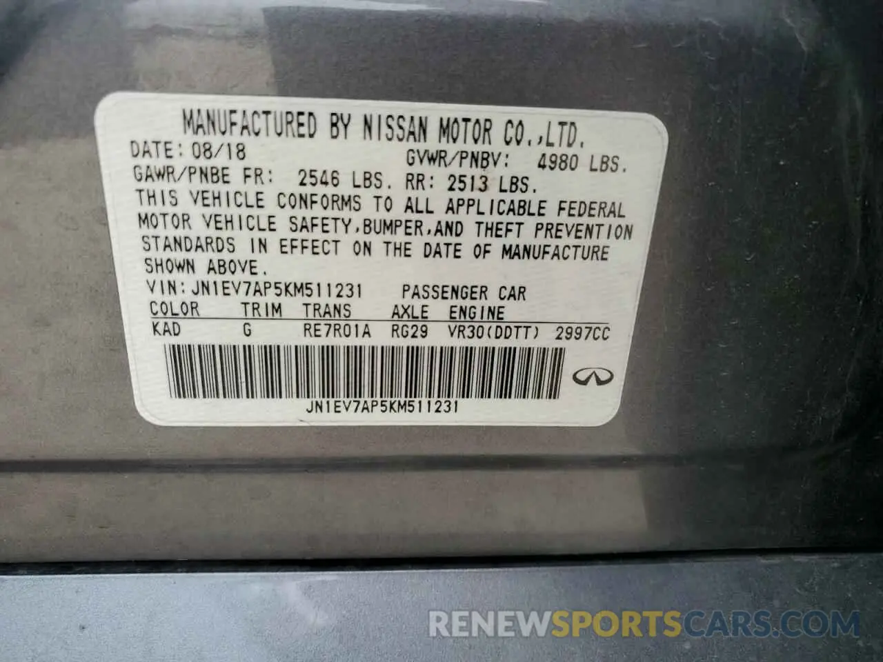 15 Photograph of a damaged car JN1EV7AP5KM511231 INFINITI Q50 2019