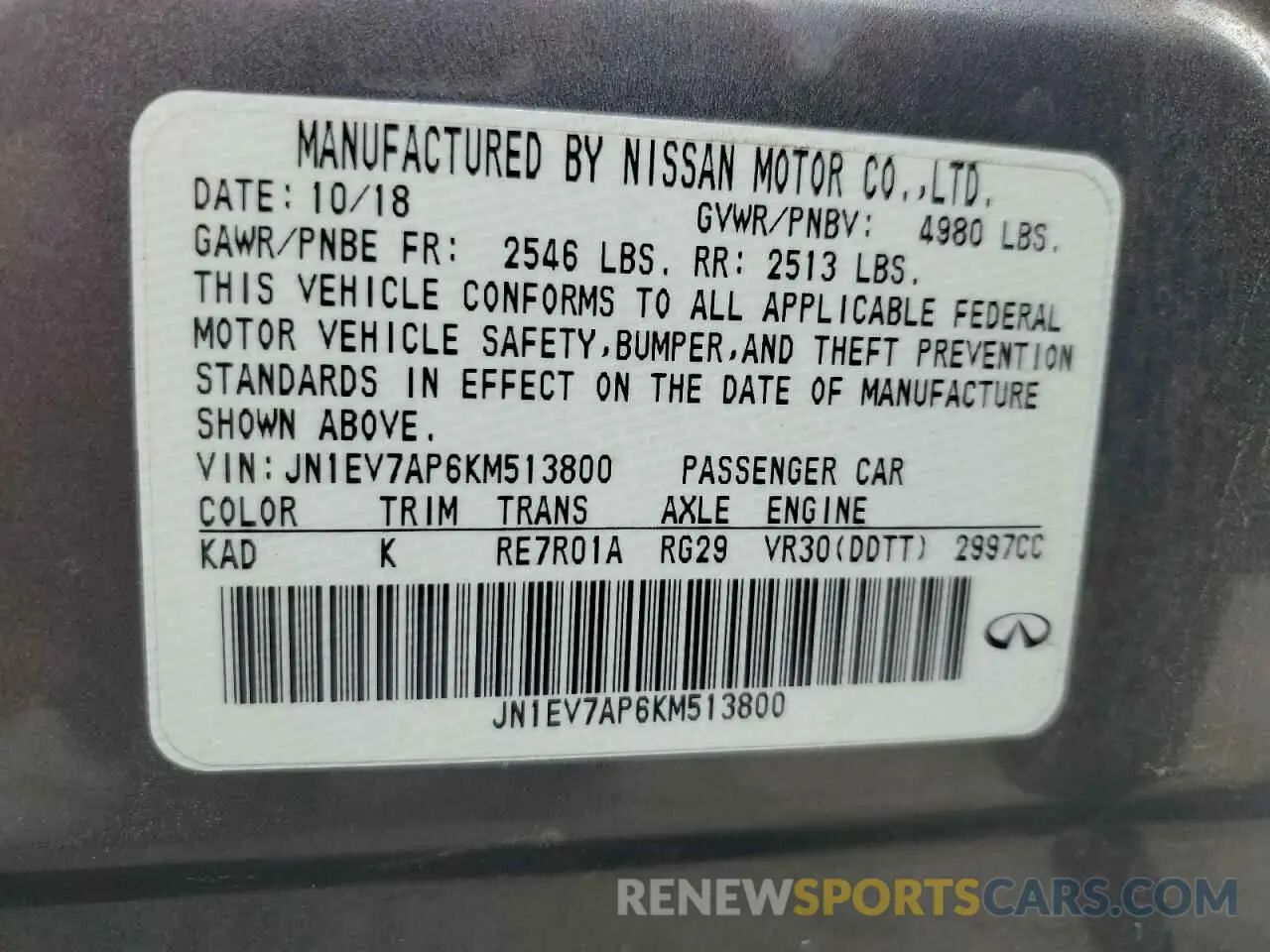 13 Photograph of a damaged car JN1EV7AP6KM513800 INFINITI Q50 2019