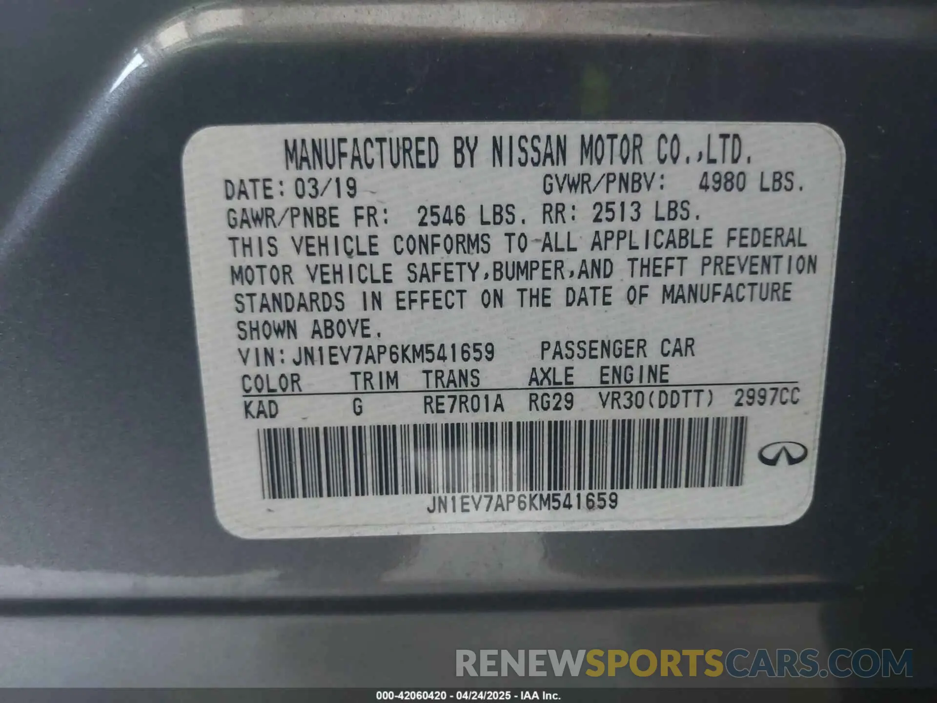 9 Photograph of a damaged car JN1EV7AP6KM541659 INFINITI Q50 2019