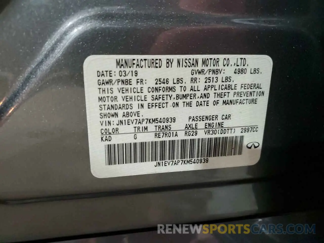 12 Photograph of a damaged car JN1EV7AP7KM540939 INFINITI Q50 2019