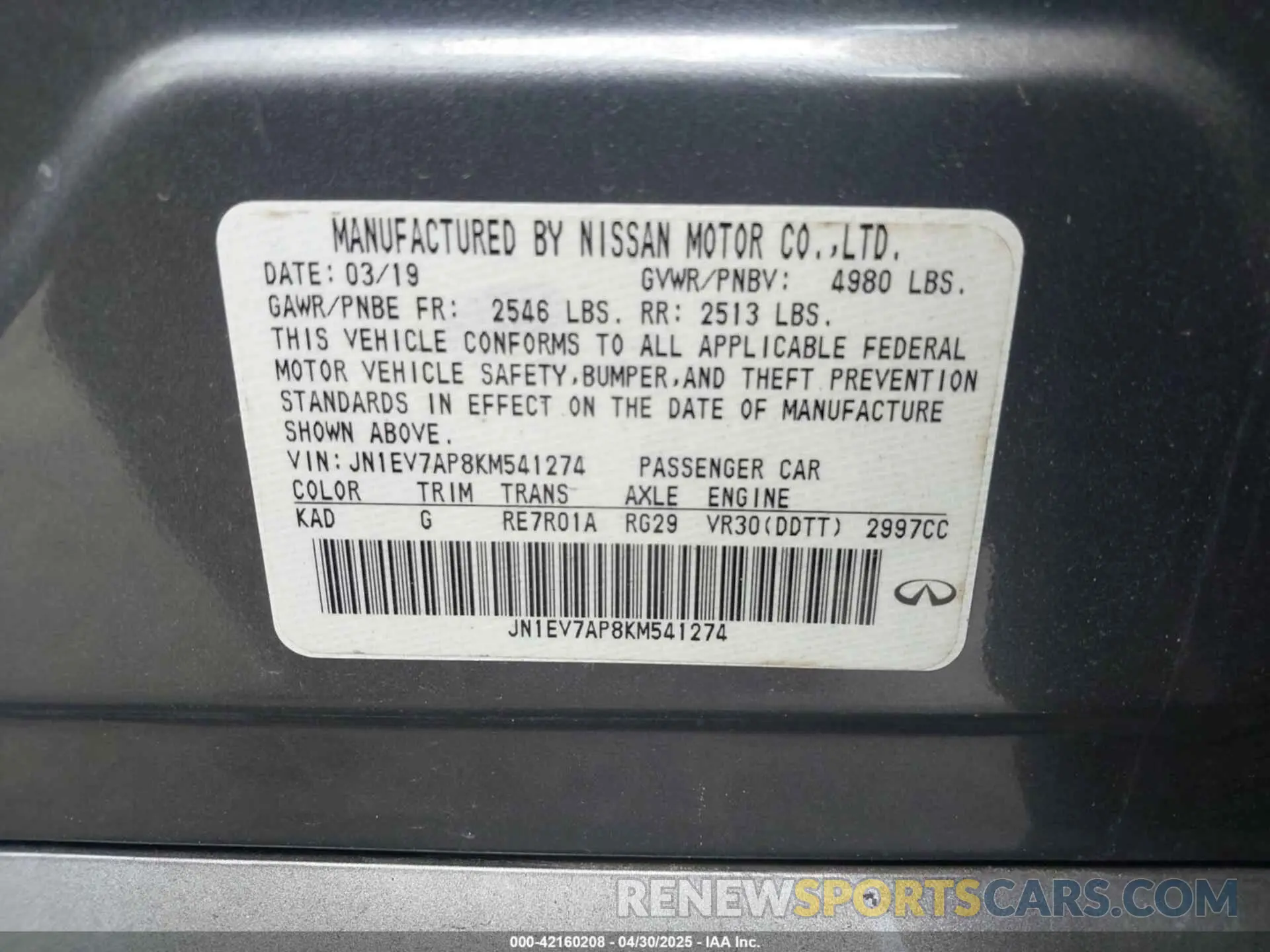 9 Photograph of a damaged car JN1EV7AP8KM541274 INFINITI Q50 2019