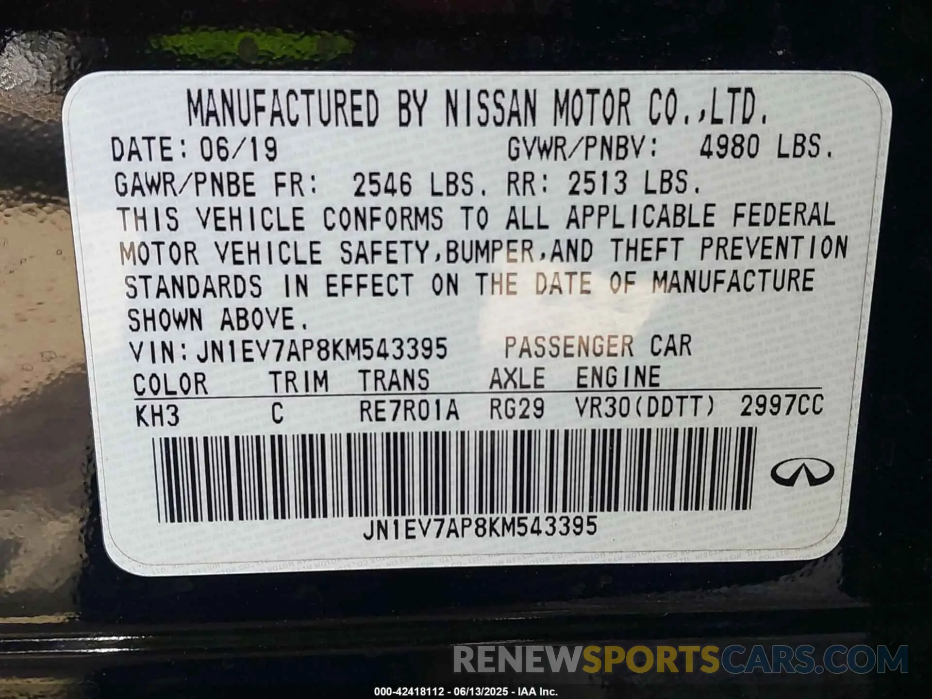 9 Photograph of a damaged car JN1EV7AP8KM543395 INFINITI Q50 2019