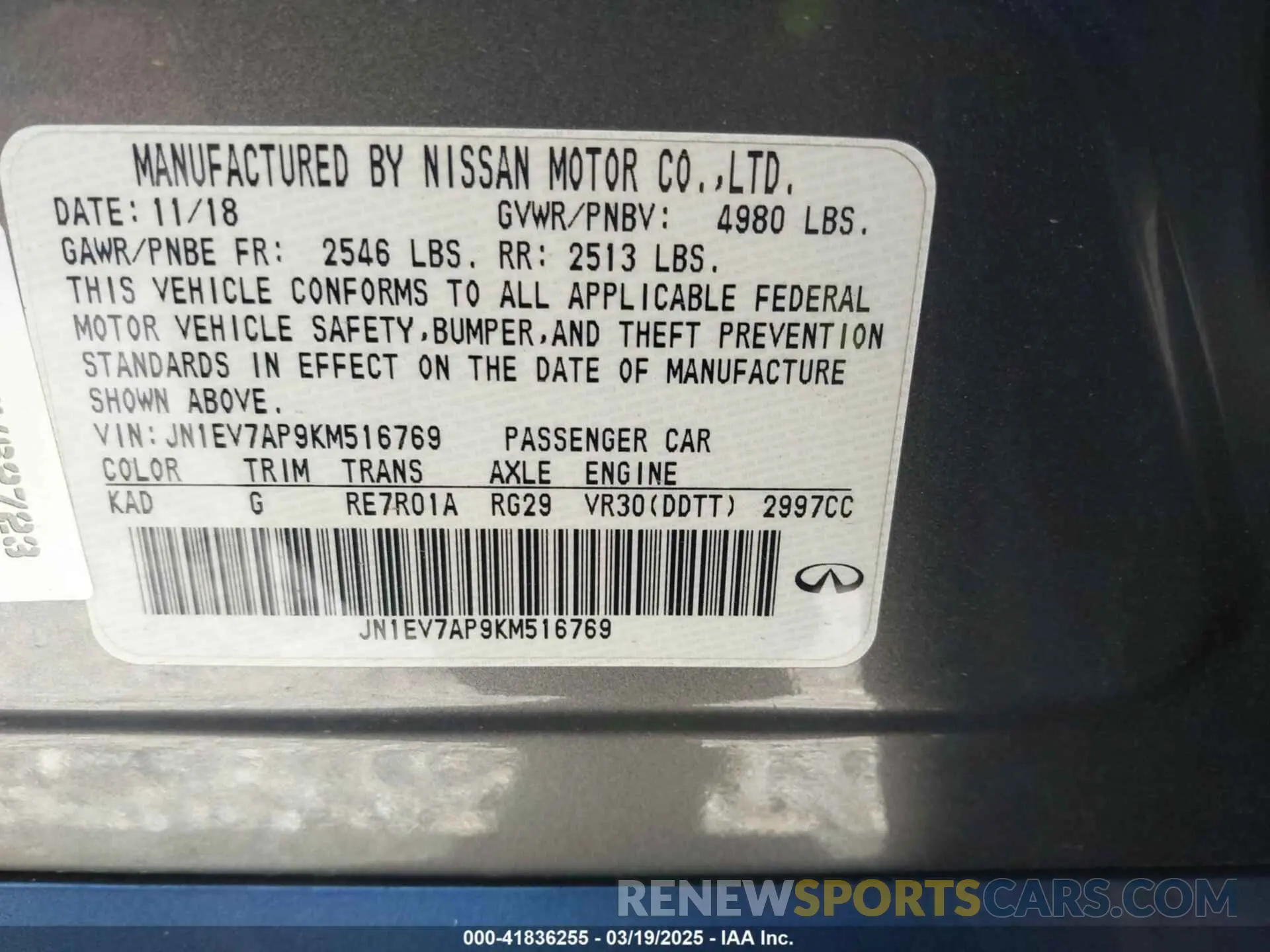 9 Photograph of a damaged car JN1EV7AP9KM516769 INFINITI Q50 2019