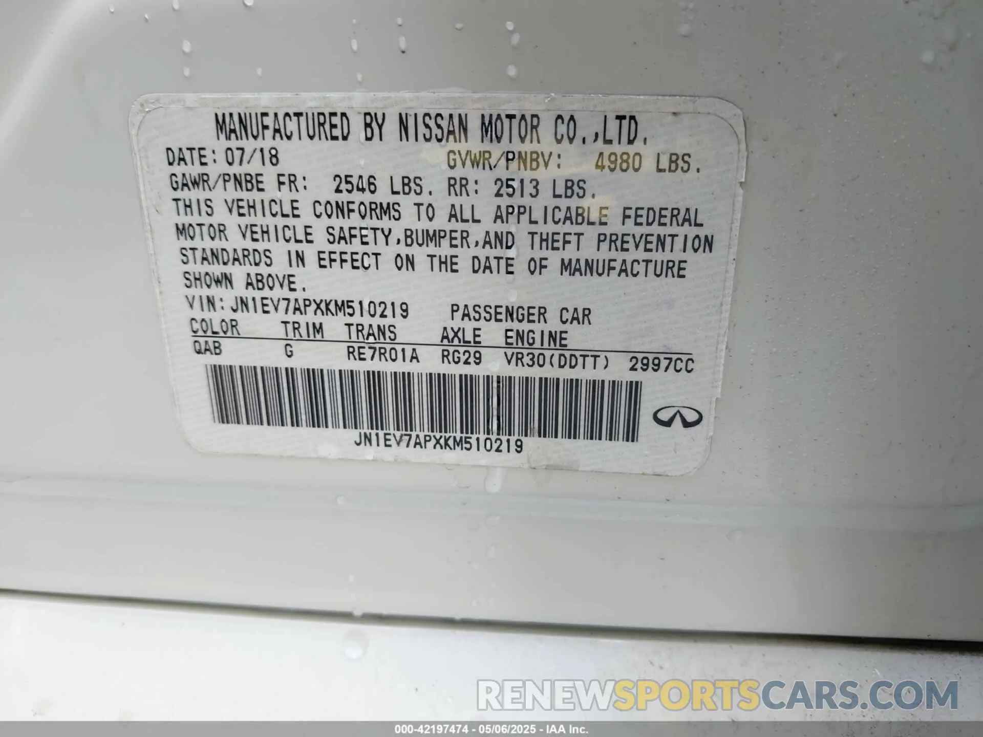 9 Photograph of a damaged car JN1EV7APXKM510219 INFINITI Q50 2019