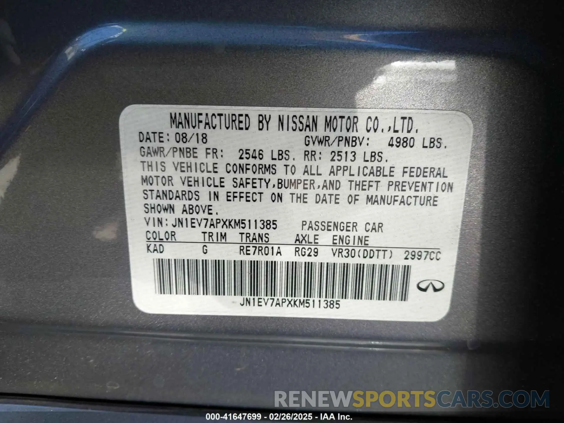 9 Photograph of a damaged car JN1EV7APXKM511385 INFINITI Q50 2019