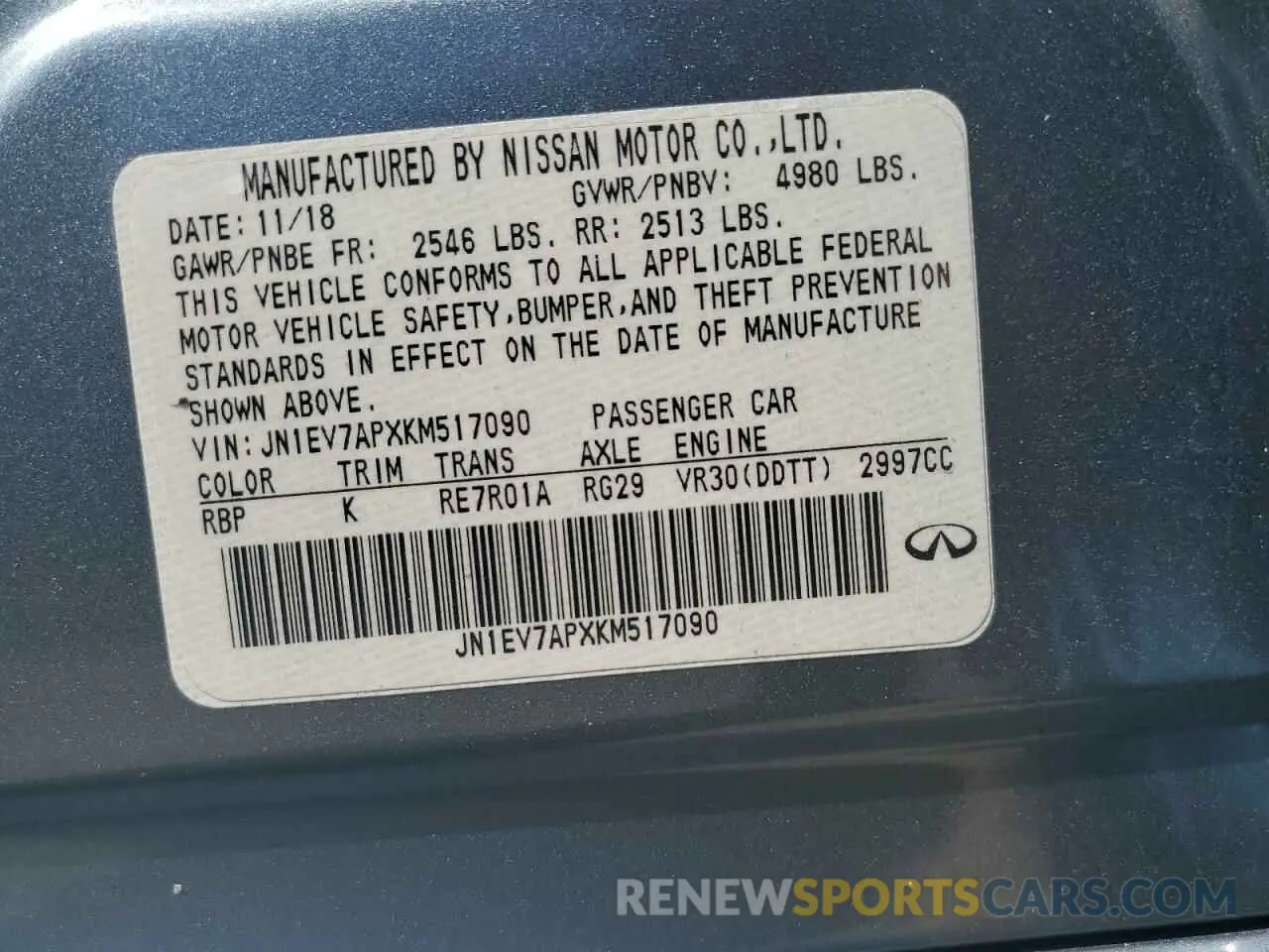 12 Photograph of a damaged car JN1EV7APXKM517090 INFINITI Q50 2019