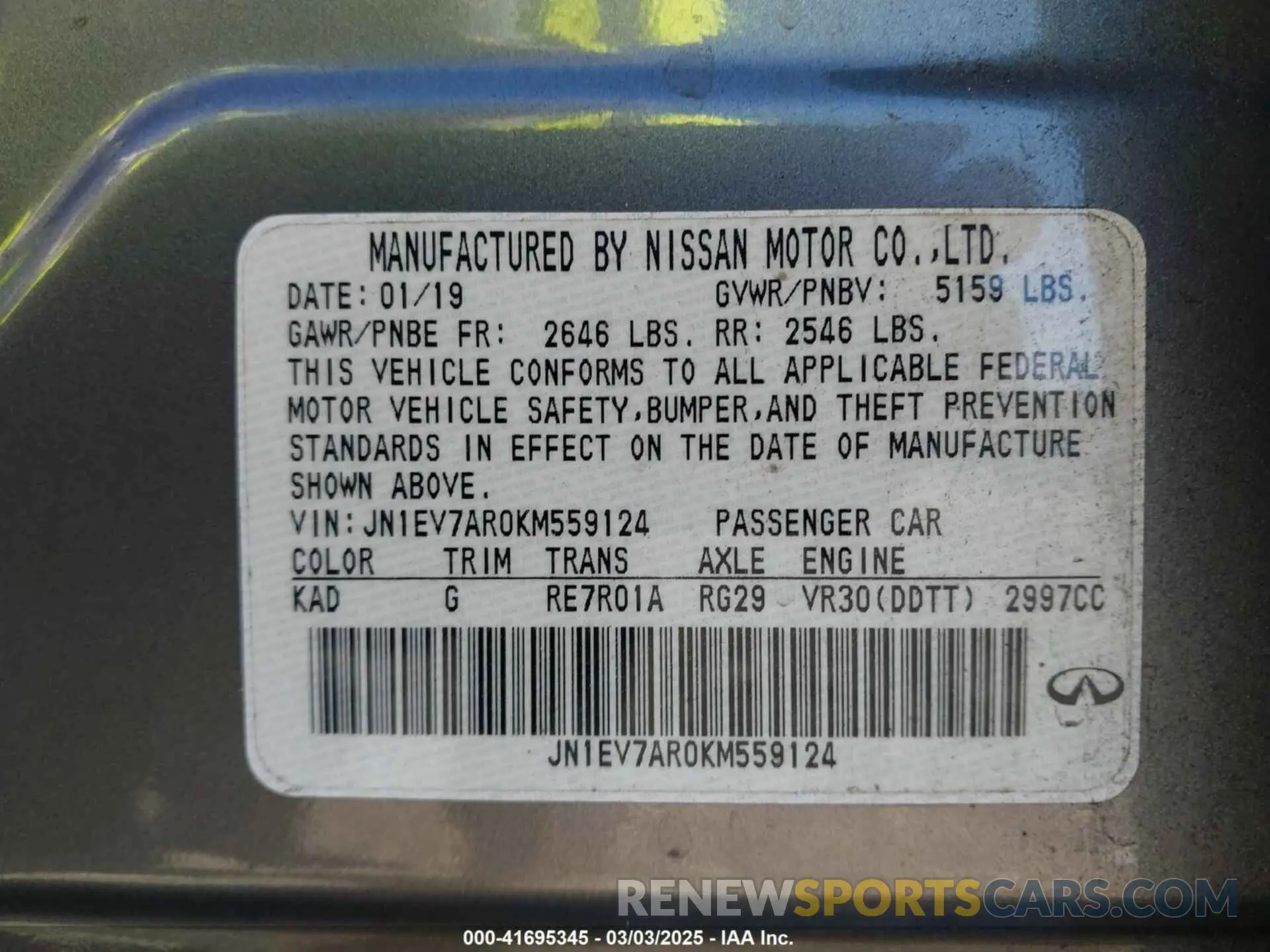 9 Photograph of a damaged car JN1EV7AR0KM559124 INFINITI Q50 2019