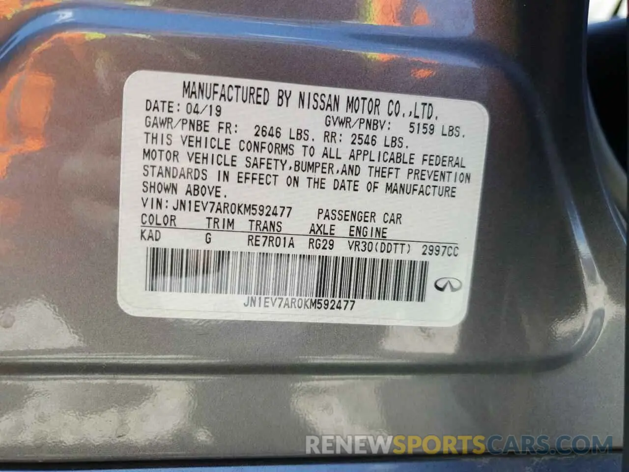 12 Photograph of a damaged car JN1EV7AR0KM592477 INFINITI Q50 2019
