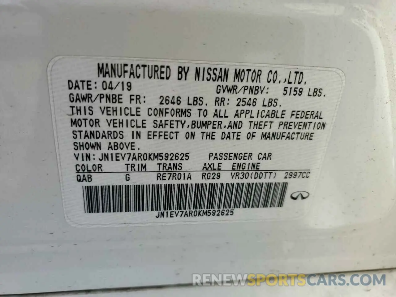 12 Photograph of a damaged car JN1EV7AR0KM592625 INFINITI Q50 2019