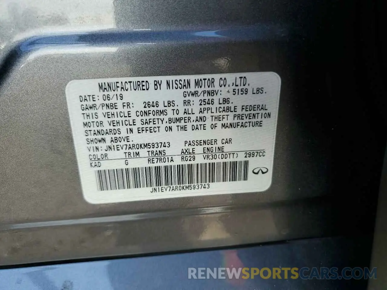 15 Photograph of a damaged car JN1EV7AR0KM593743 INFINITI Q50 2019