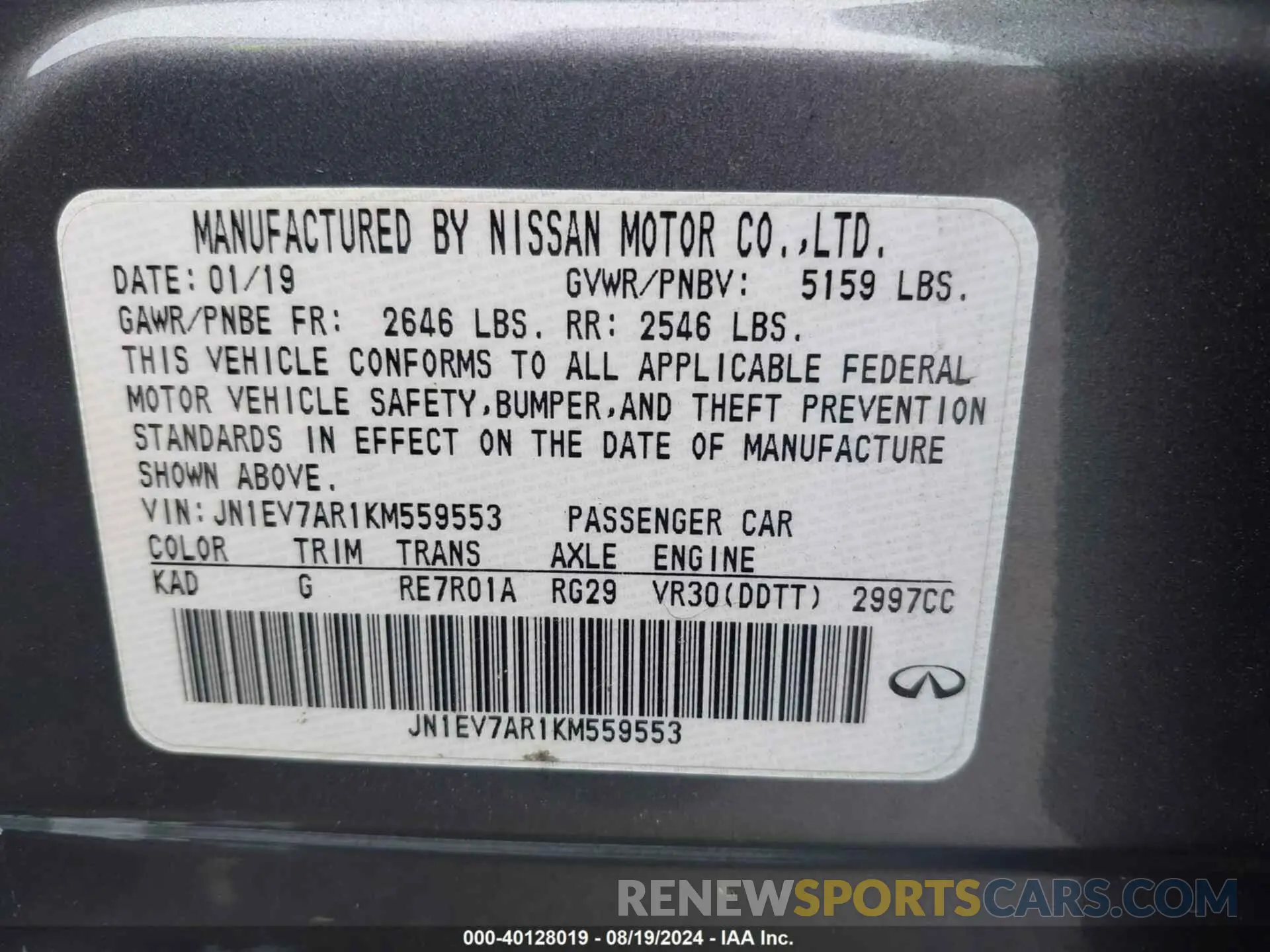 9 Photograph of a damaged car JN1EV7AR1KM559553 INFINITI Q50 2019