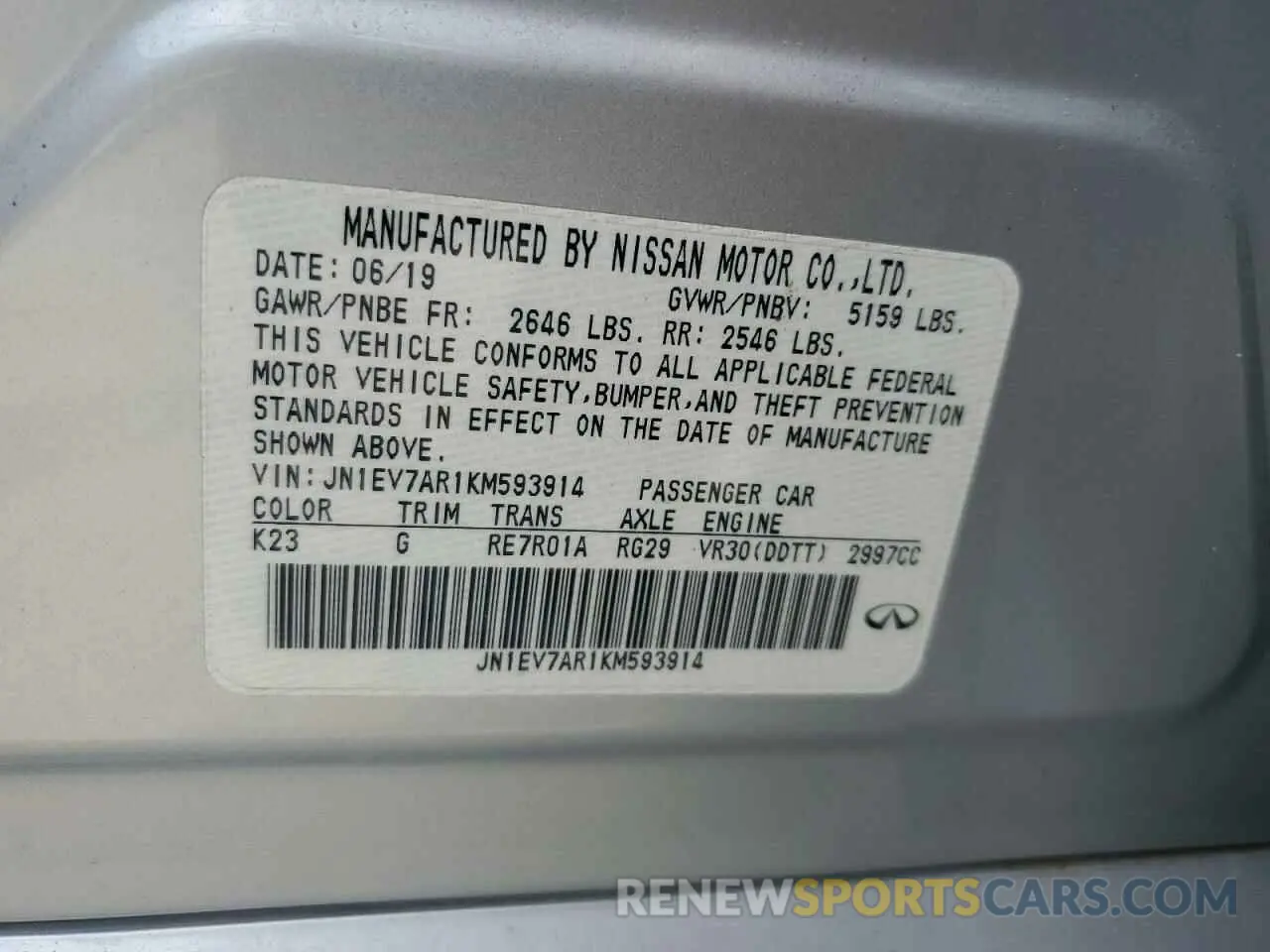12 Photograph of a damaged car JN1EV7AR1KM593914 INFINITI Q50 2019