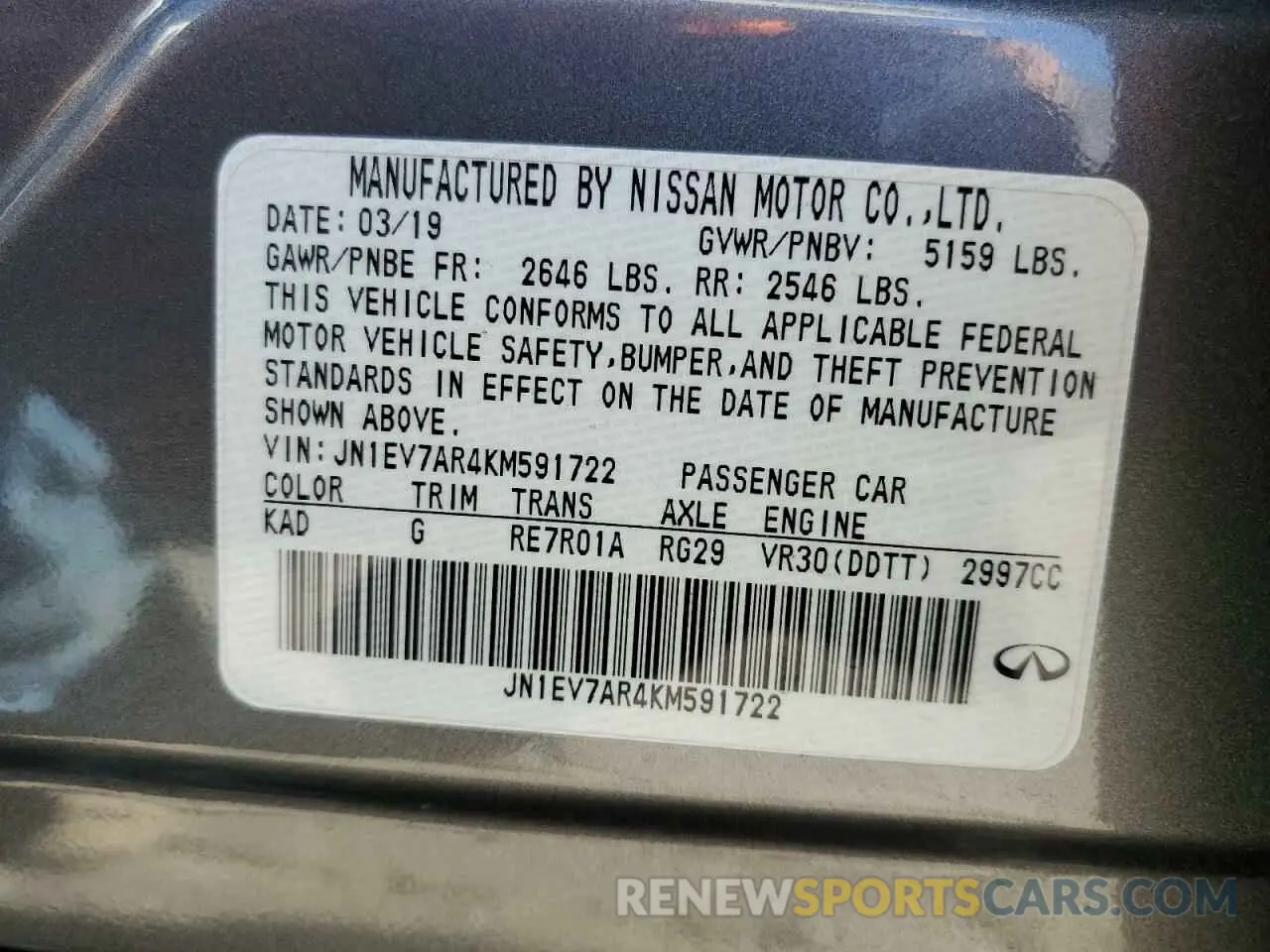 14 Photograph of a damaged car JN1EV7AR4KM591722 INFINITI Q50 2019