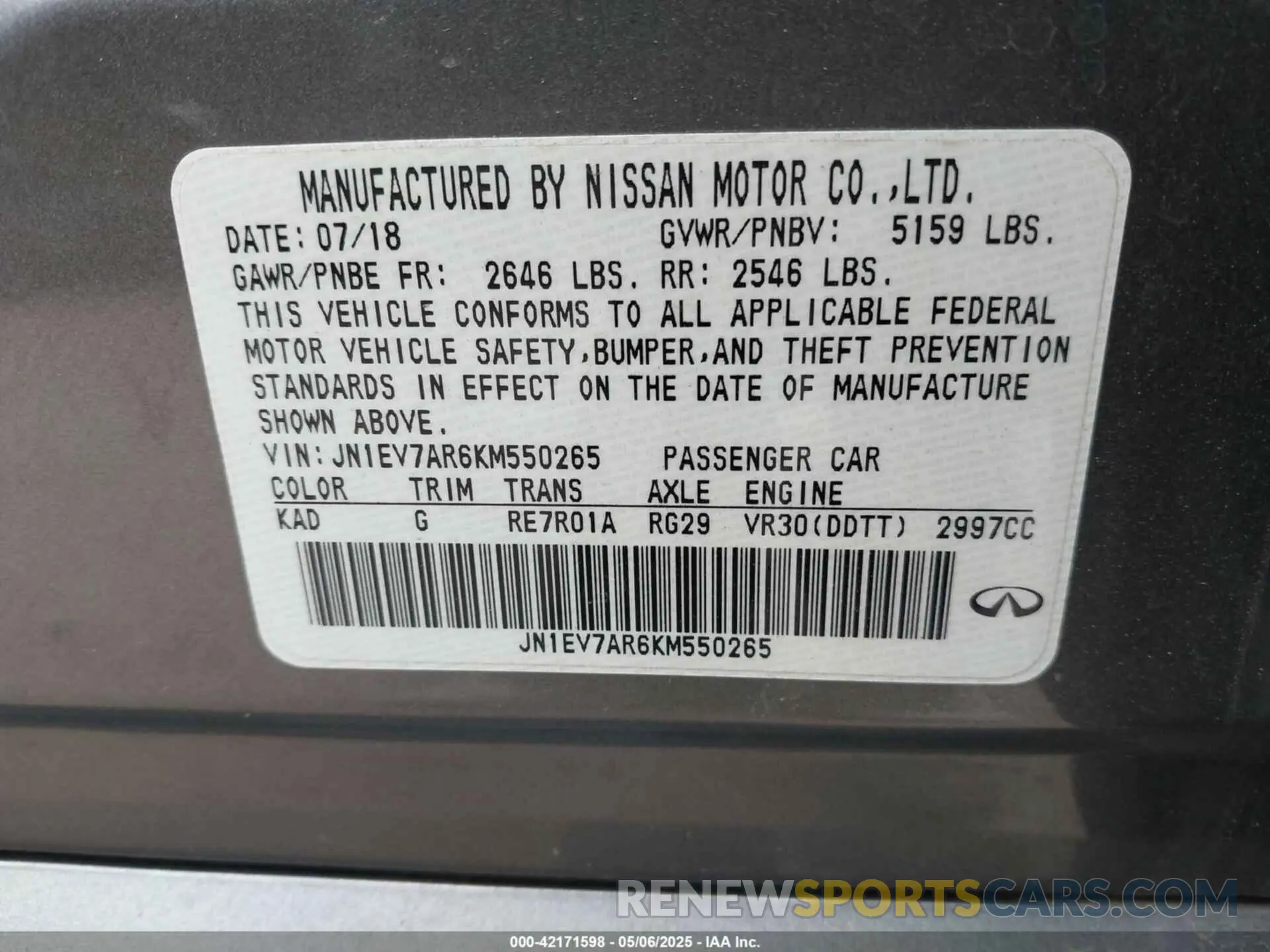 9 Photograph of a damaged car JN1EV7AR6KM550265 INFINITI Q50 2019