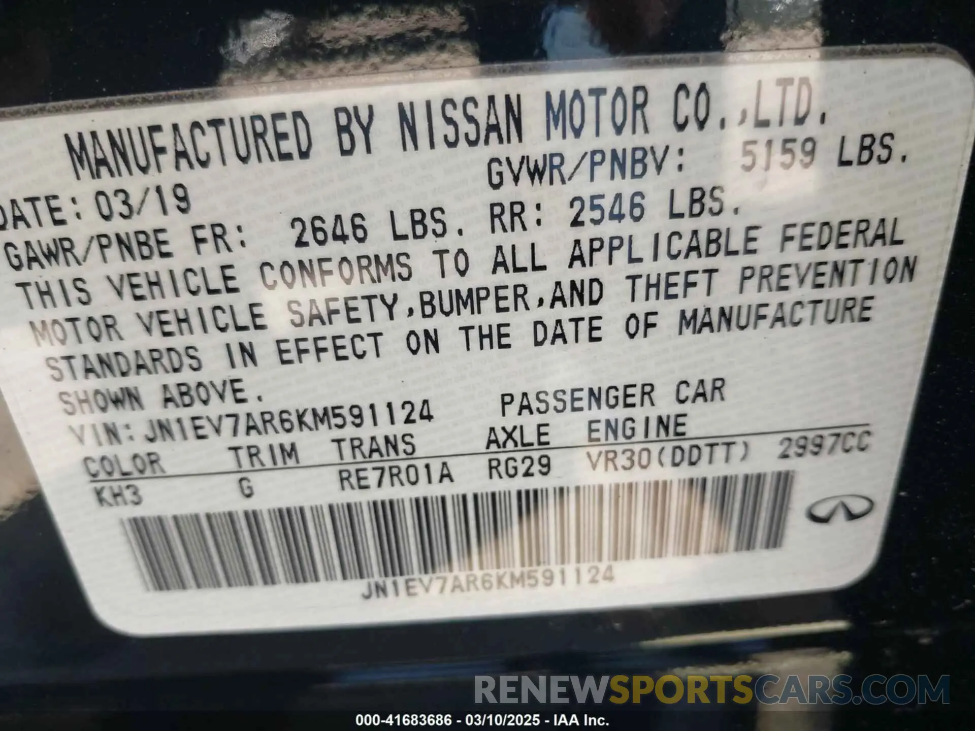 9 Photograph of a damaged car JN1EV7AR6KM591124 INFINITI Q50 2019