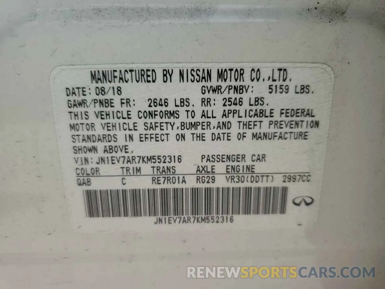 12 Photograph of a damaged car JN1EV7AR7KM552316 INFINITI Q50 2019
