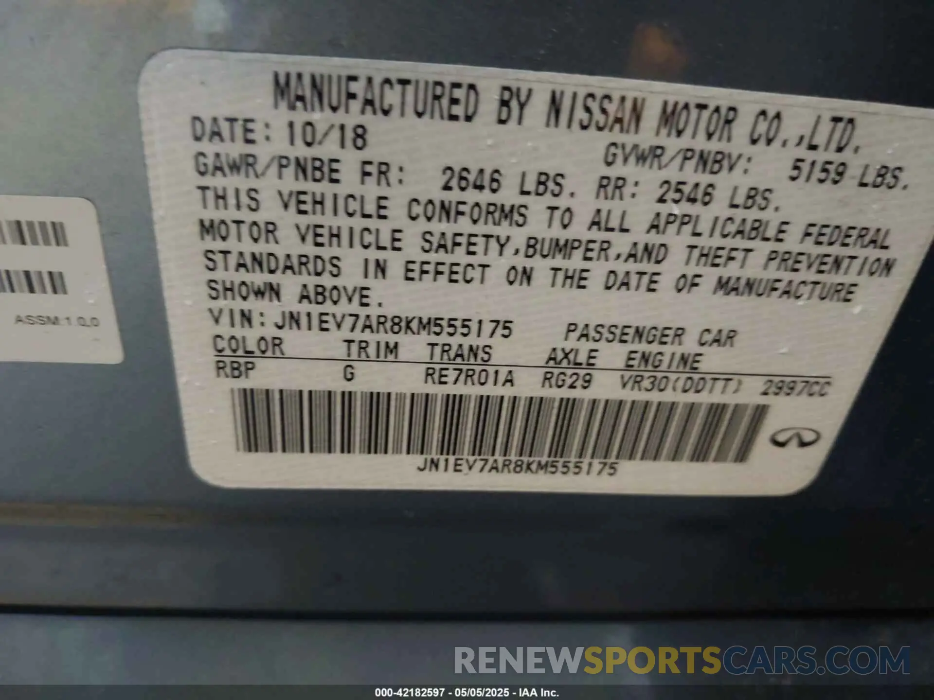 9 Photograph of a damaged car JN1EV7AR8KM555175 INFINITI Q50 2019