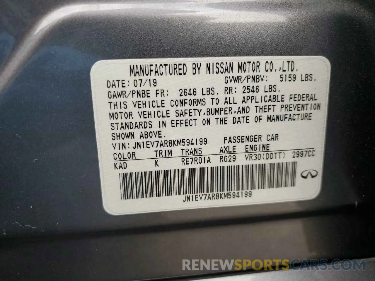 14 Photograph of a damaged car JN1EV7AR8KM594199 INFINITI Q50 2019