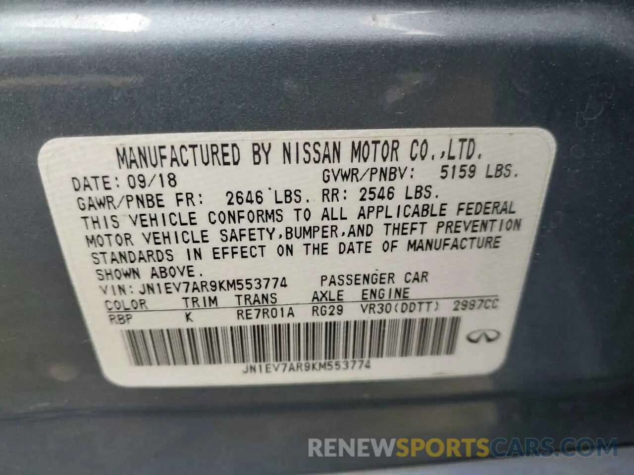 13 Photograph of a damaged car JN1EV7AR9KM553774 INFINITI Q50 2019
