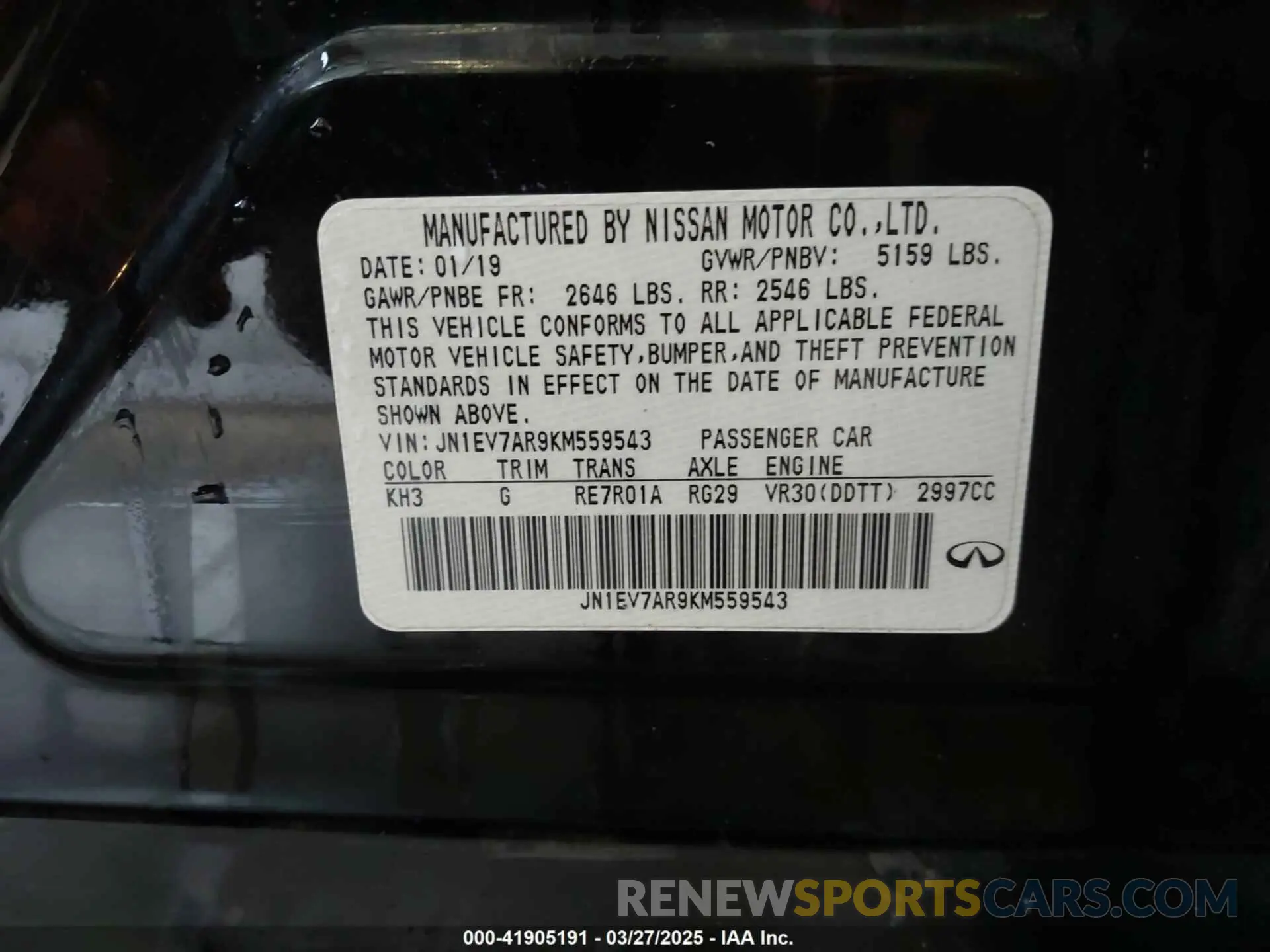 9 Photograph of a damaged car JN1EV7AR9KM559543 INFINITI Q50 2019