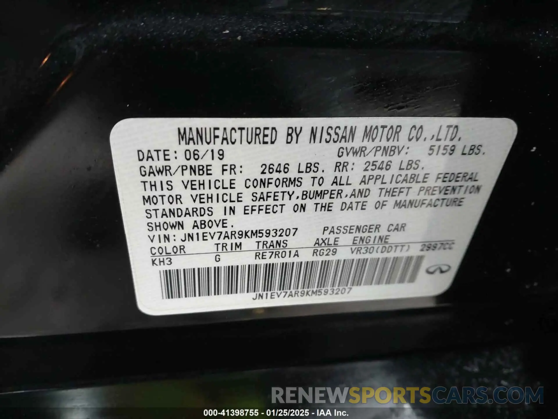 9 Photograph of a damaged car JN1EV7AR9KM593207 INFINITI Q50 2019