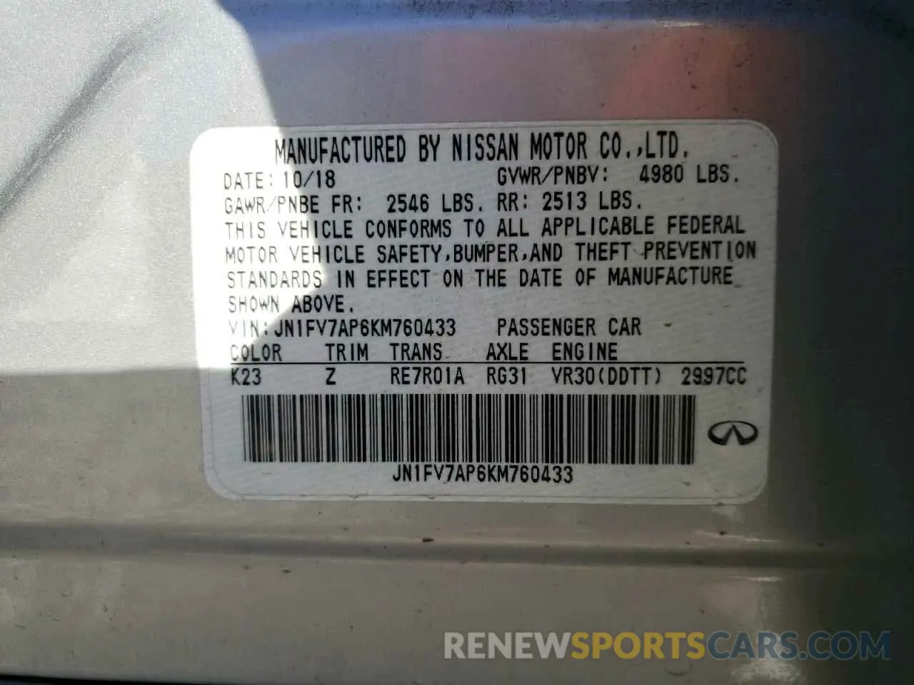 13 Photograph of a damaged car JN1FV7AP6KM760433 INFINITI Q50 2019