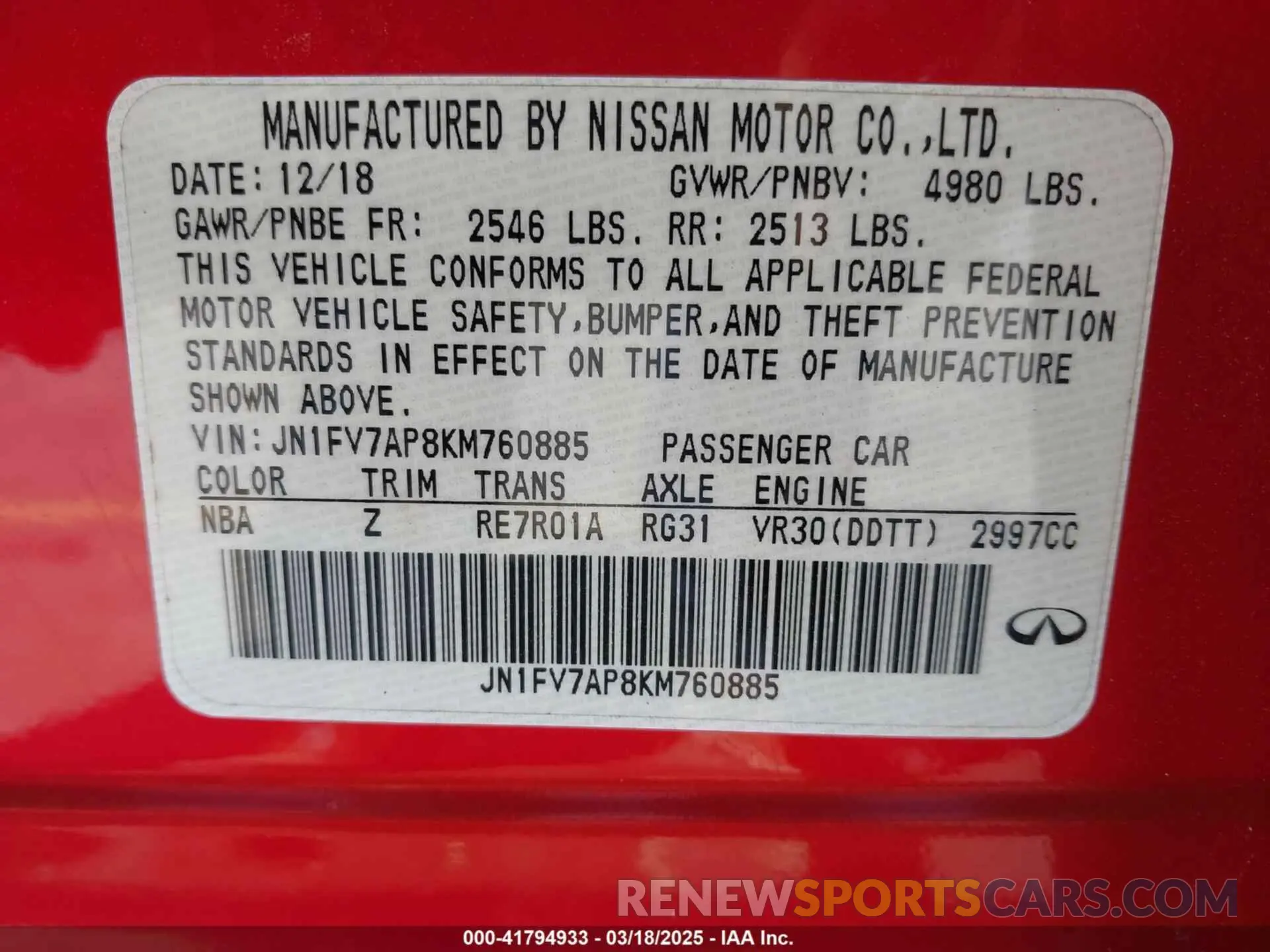 9 Photograph of a damaged car JN1FV7AP8KM760885 INFINITI Q50 2019