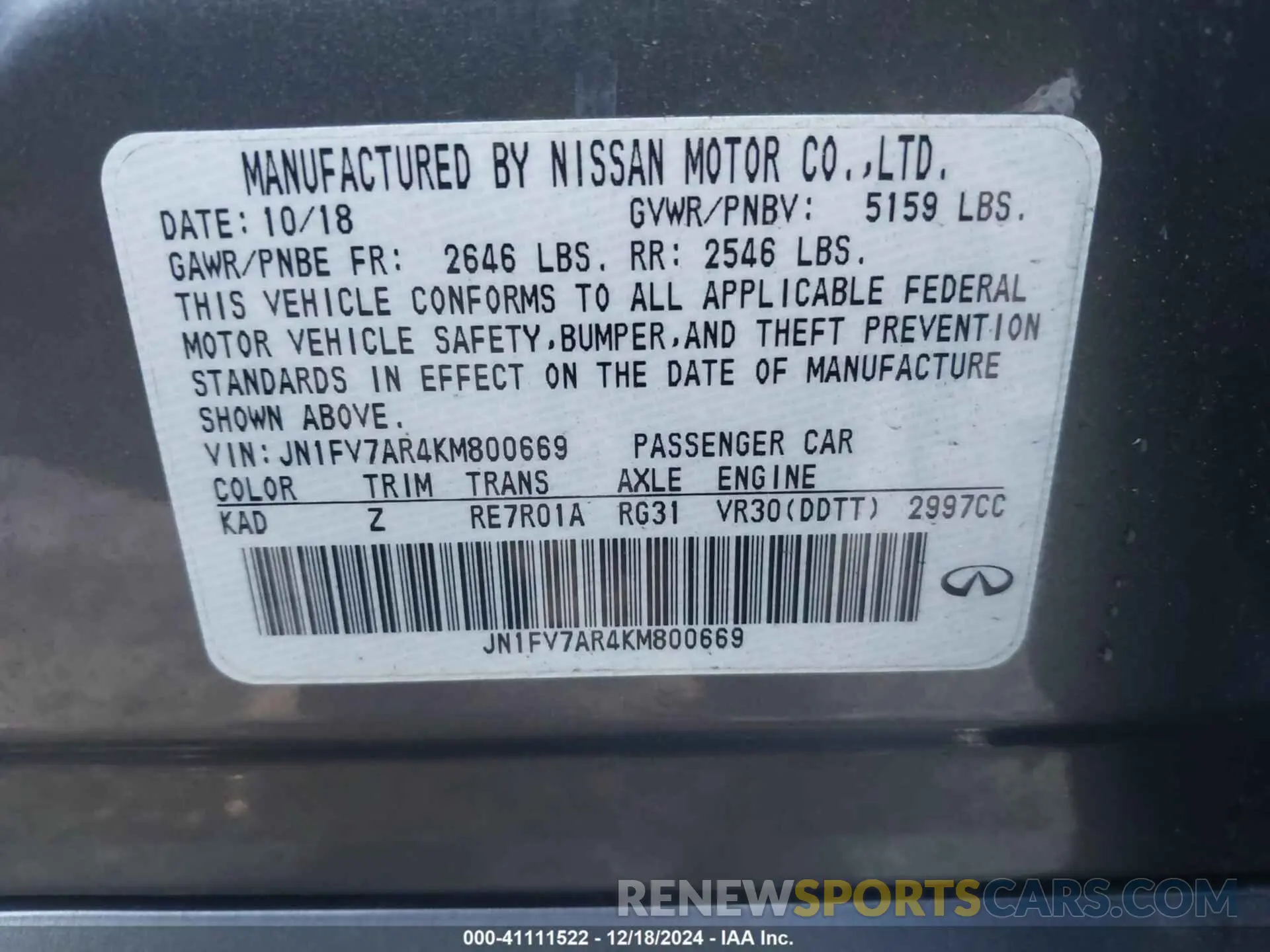 9 Photograph of a damaged car JN1FV7AR4KM800669 INFINITI Q50 2019