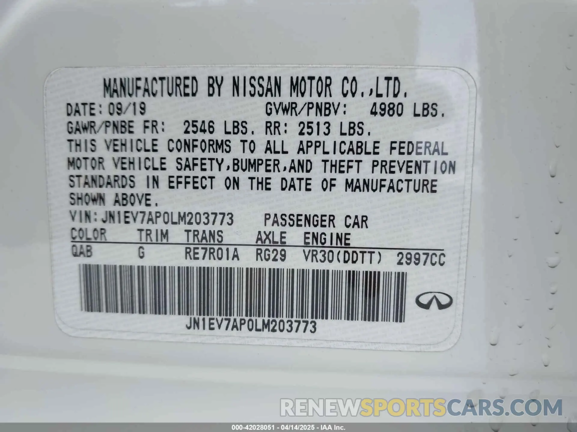 9 Photograph of a damaged car JN1EV7AP0LM203773 INFINITI Q50 2020