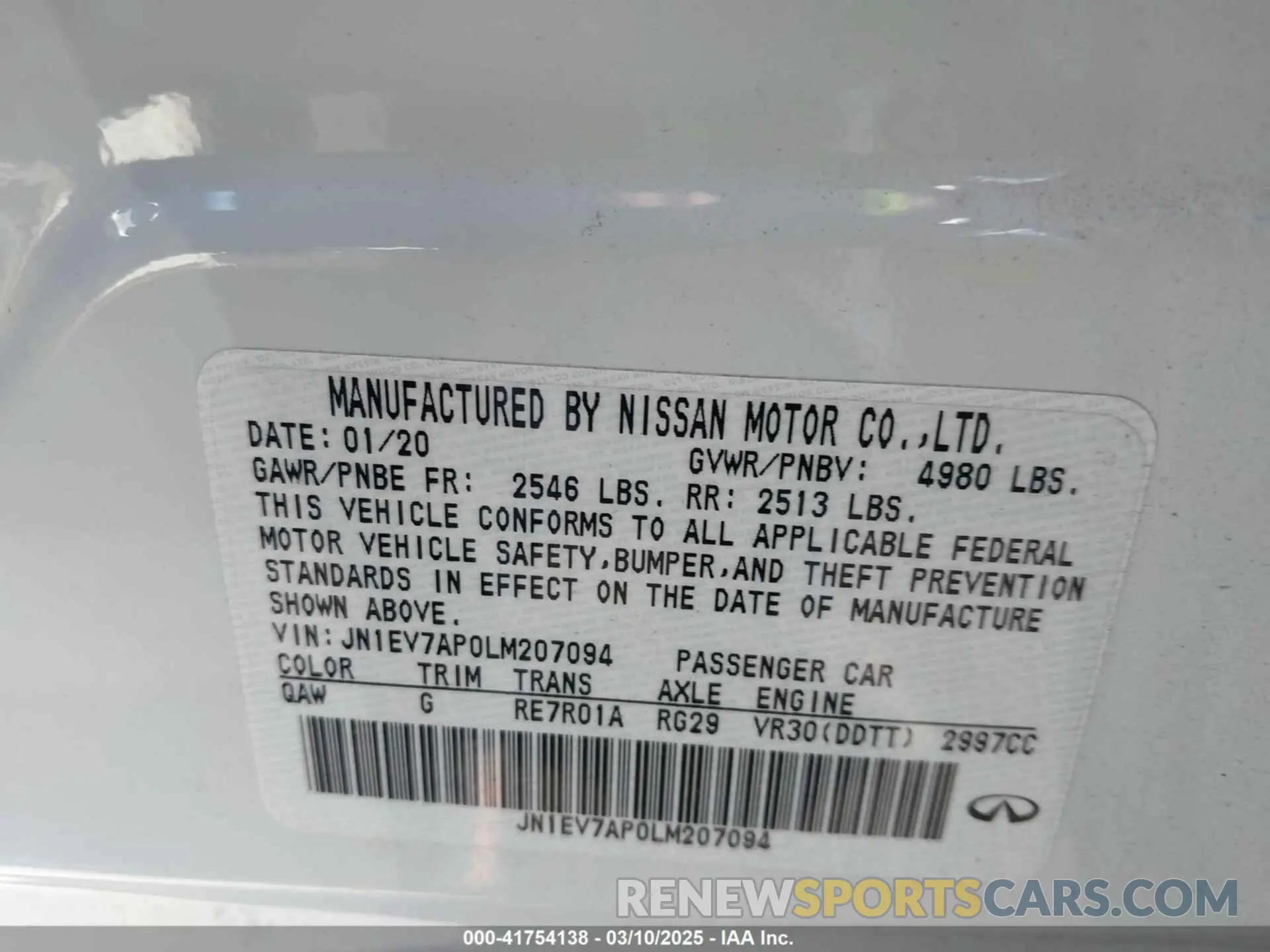 9 Photograph of a damaged car JN1EV7AP0LM207094 INFINITI Q50 2020