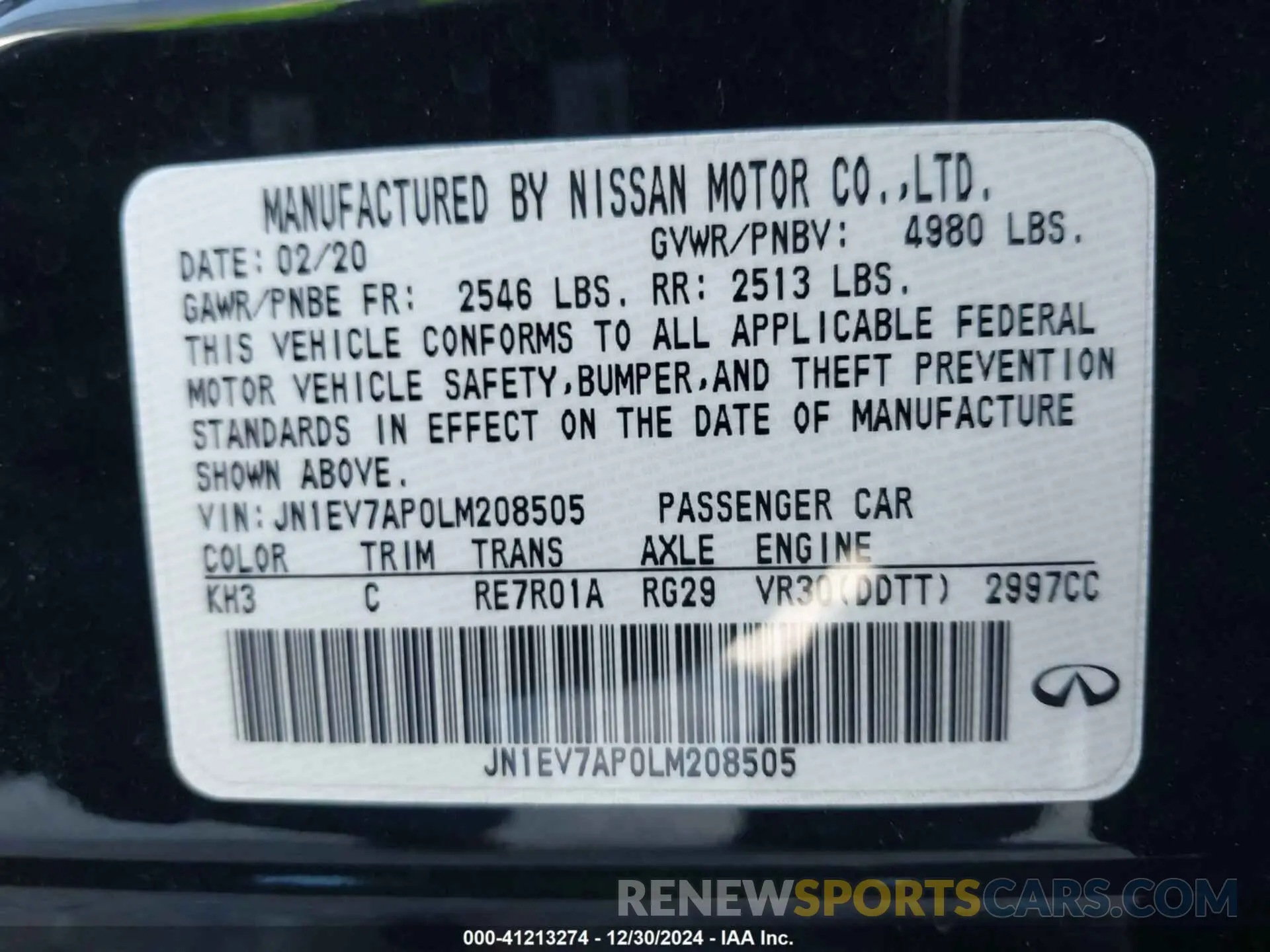 9 Photograph of a damaged car JN1EV7AP0LM208505 INFINITI Q50 2020