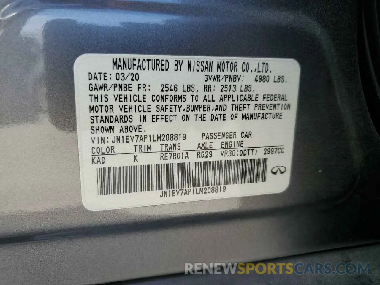 13 Photograph of a damaged car JN1EV7AP1LM208819 INFINITI Q50 2020
