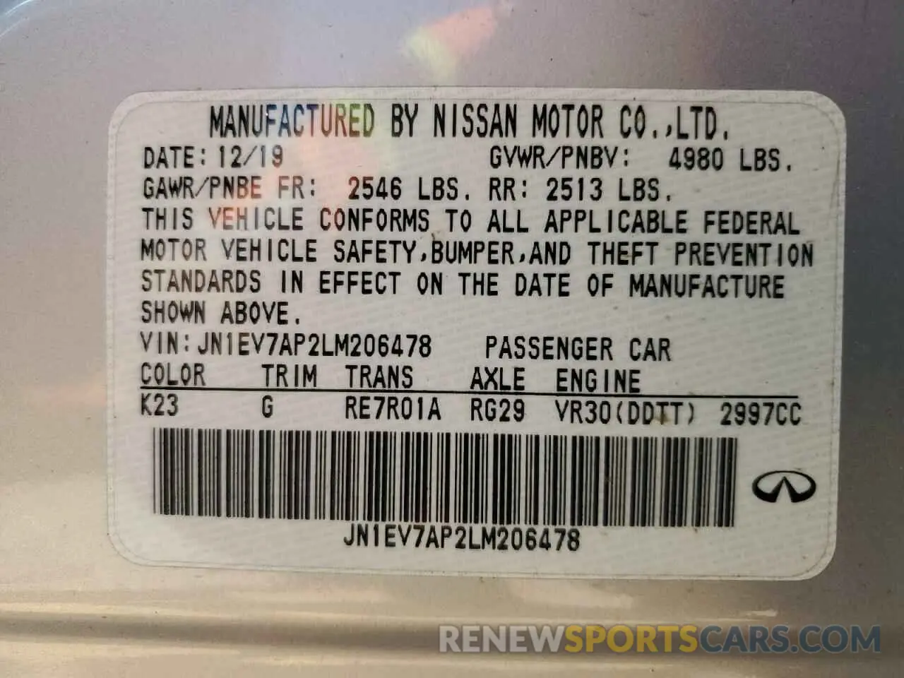14 Photograph of a damaged car JN1EV7AP2LM206478 INFINITI Q50 2020
