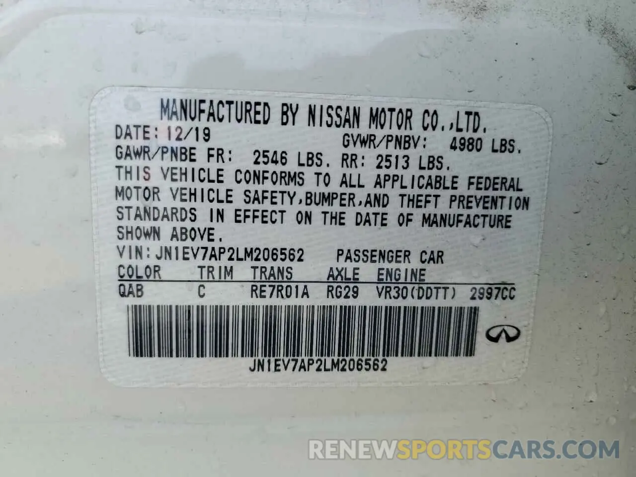 12 Photograph of a damaged car JN1EV7AP2LM206562 INFINITI Q50 2020