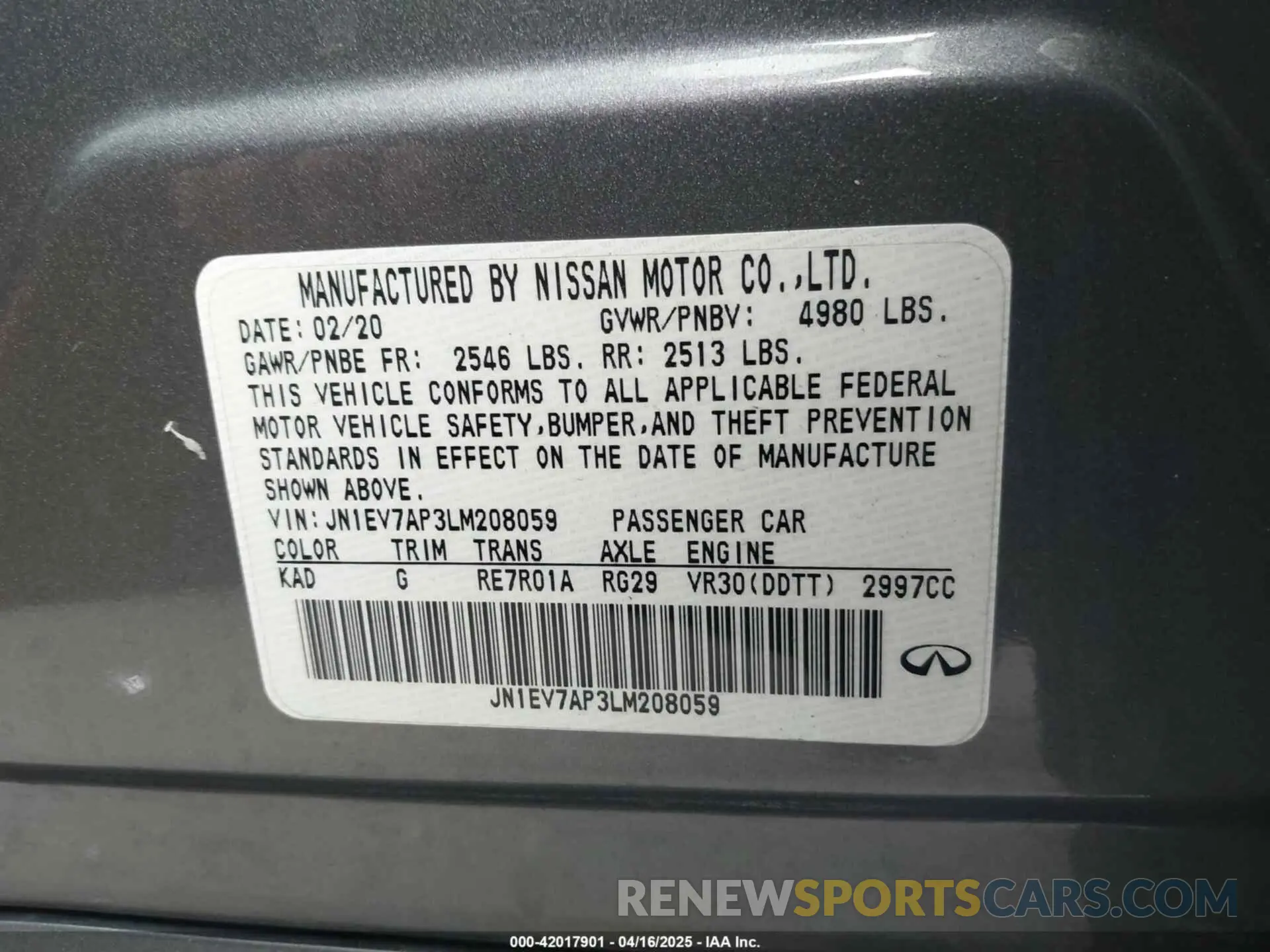 9 Photograph of a damaged car JN1EV7AP3LM208059 INFINITI Q50 2020