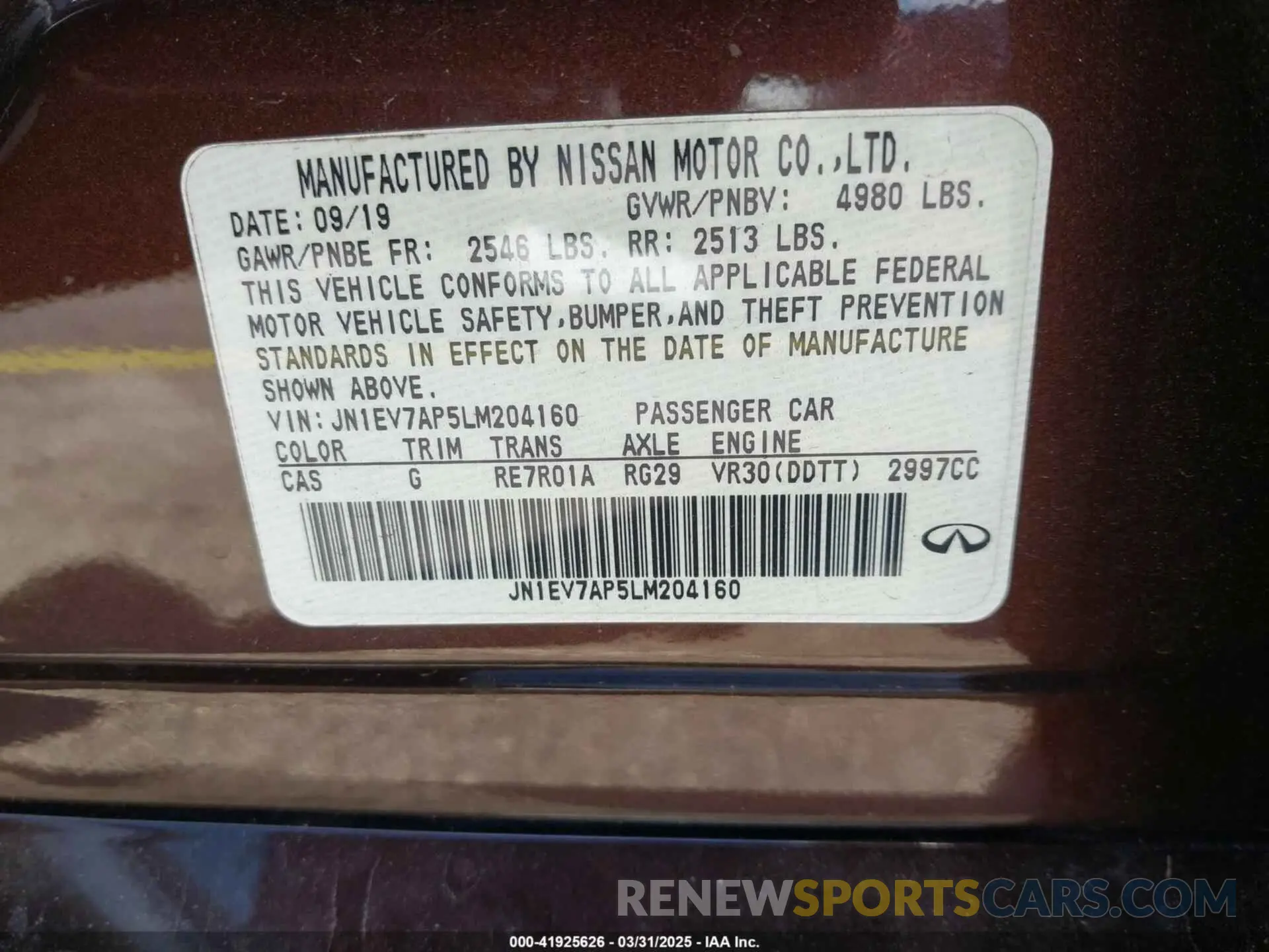 9 Photograph of a damaged car JN1EV7AP5LM204160 INFINITI Q50 2020