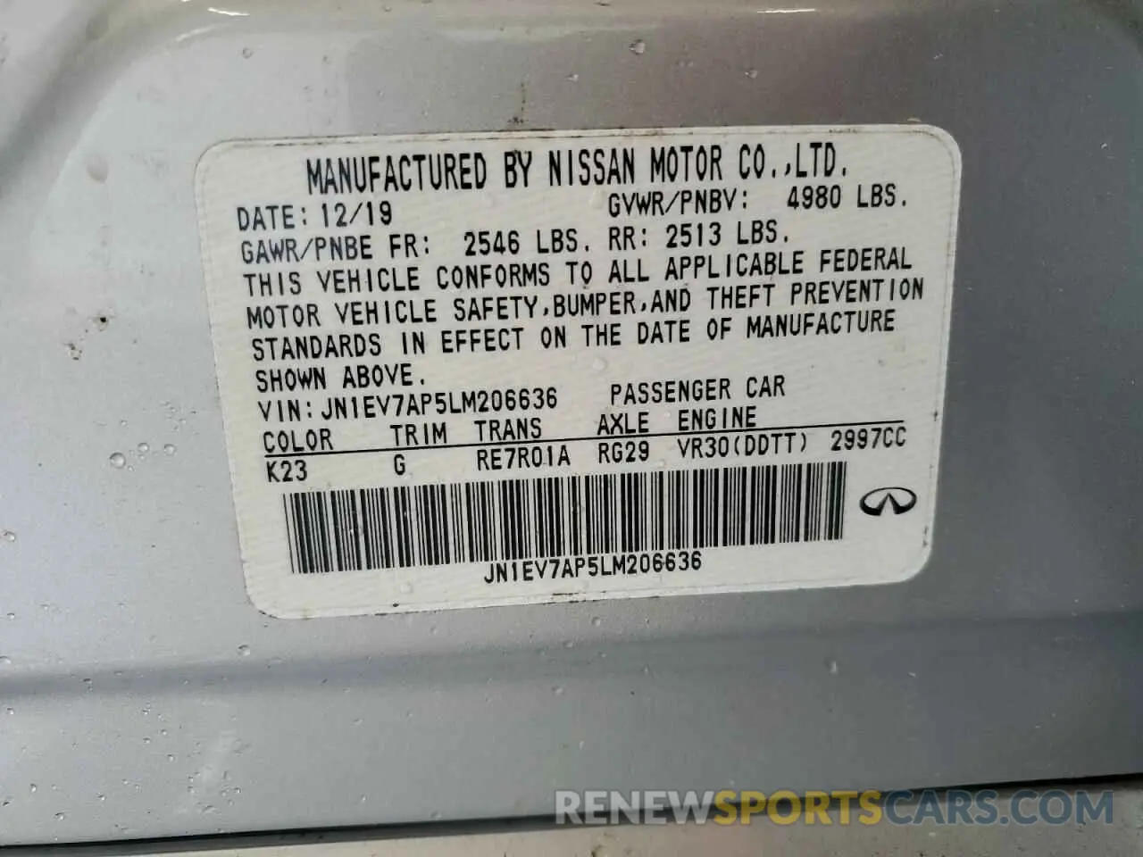 12 Photograph of a damaged car JN1EV7AP5LM206636 INFINITI Q50 2020
