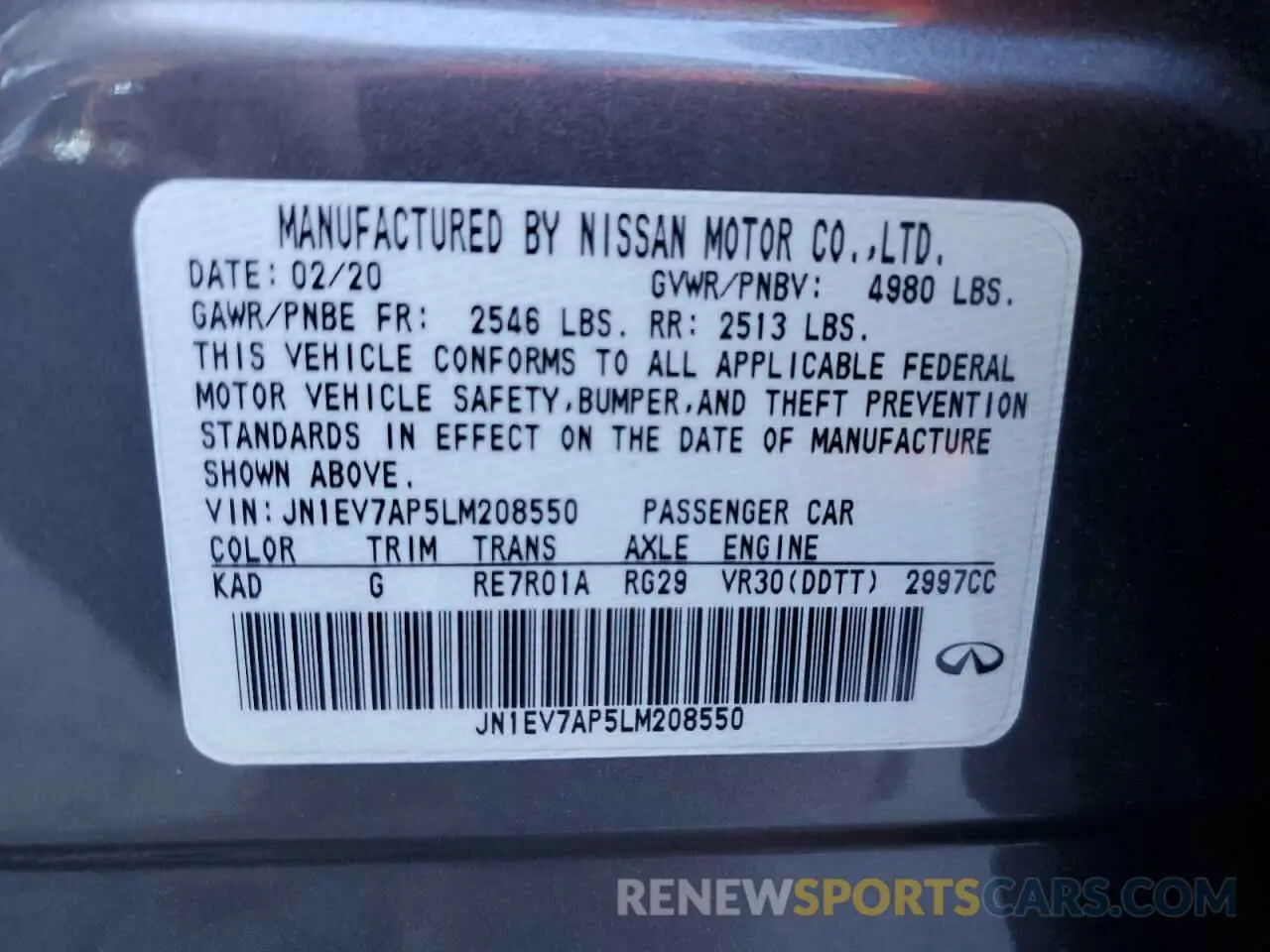 12 Photograph of a damaged car JN1EV7AP5LM208550 INFINITI Q50 2020