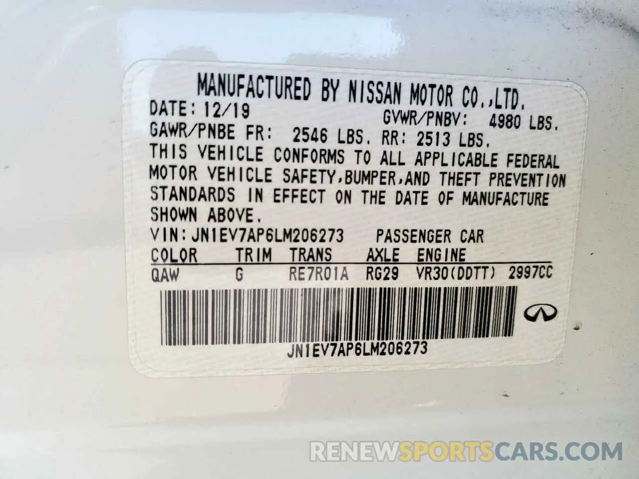 15 Photograph of a damaged car JN1EV7AP6LM206273 INFINITI Q50 2020