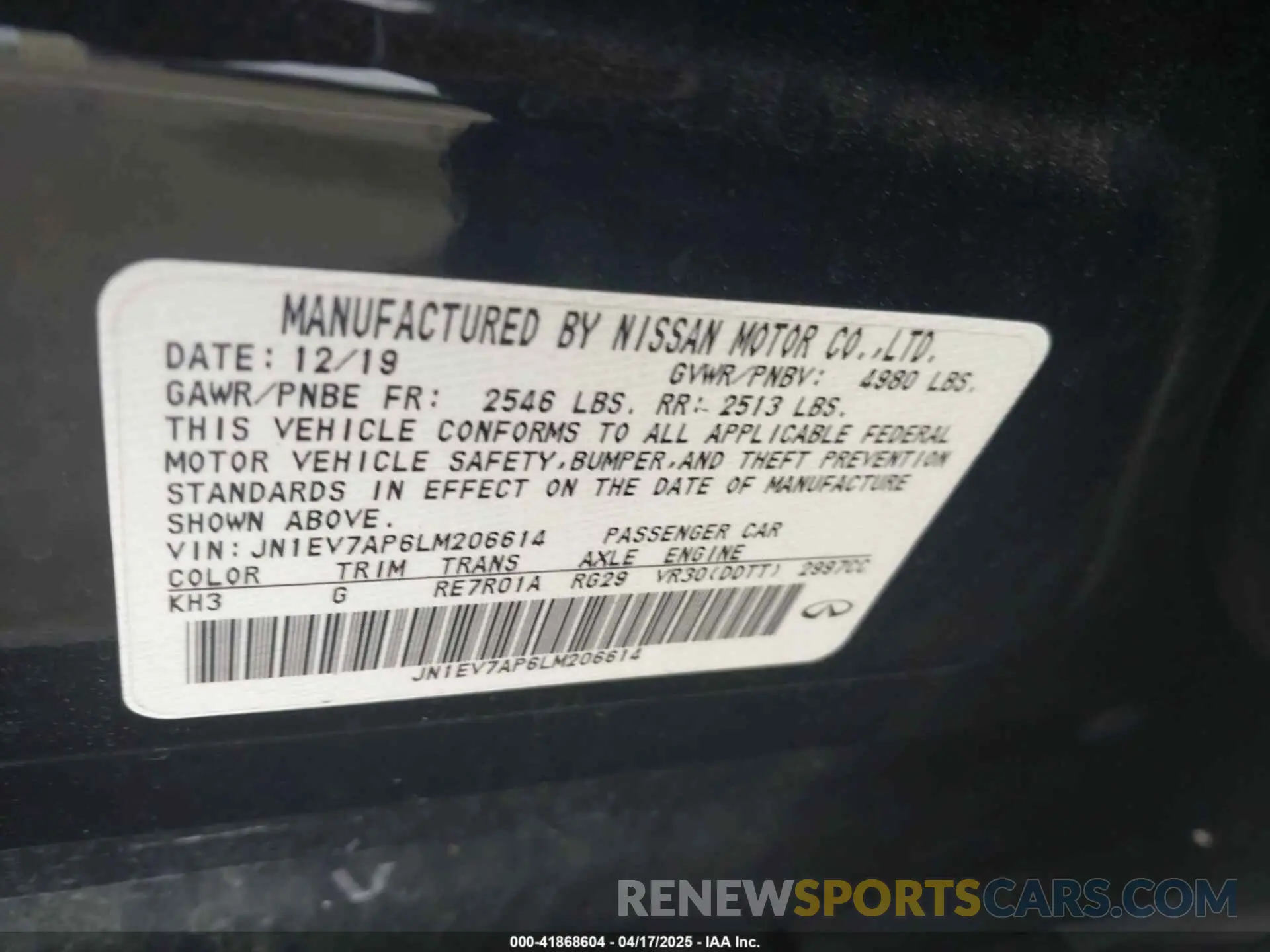 9 Photograph of a damaged car JN1EV7AP6LM206614 INFINITI Q50 2020