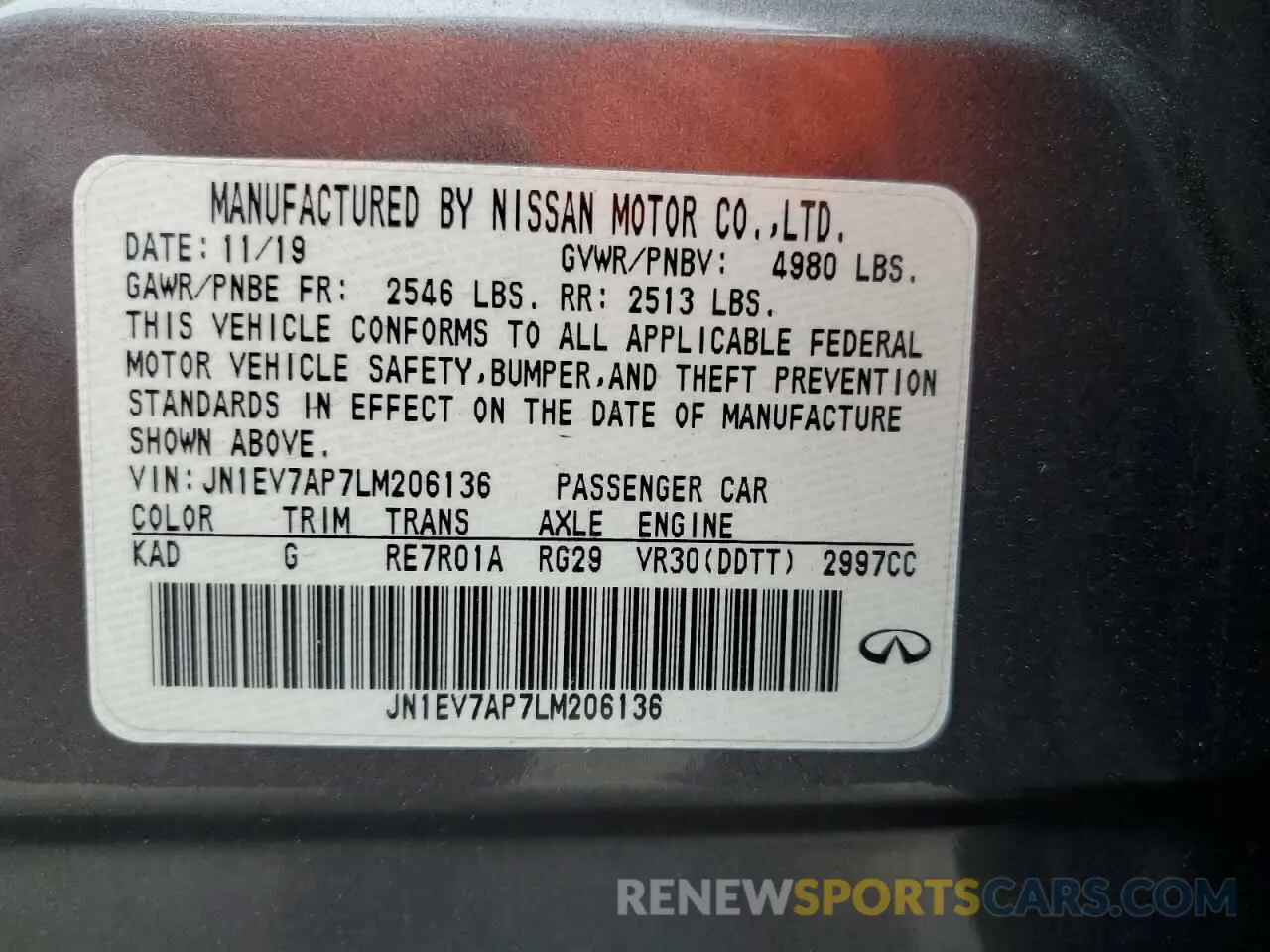 12 Photograph of a damaged car JN1EV7AP7LM206136 INFINITI Q50 2020
