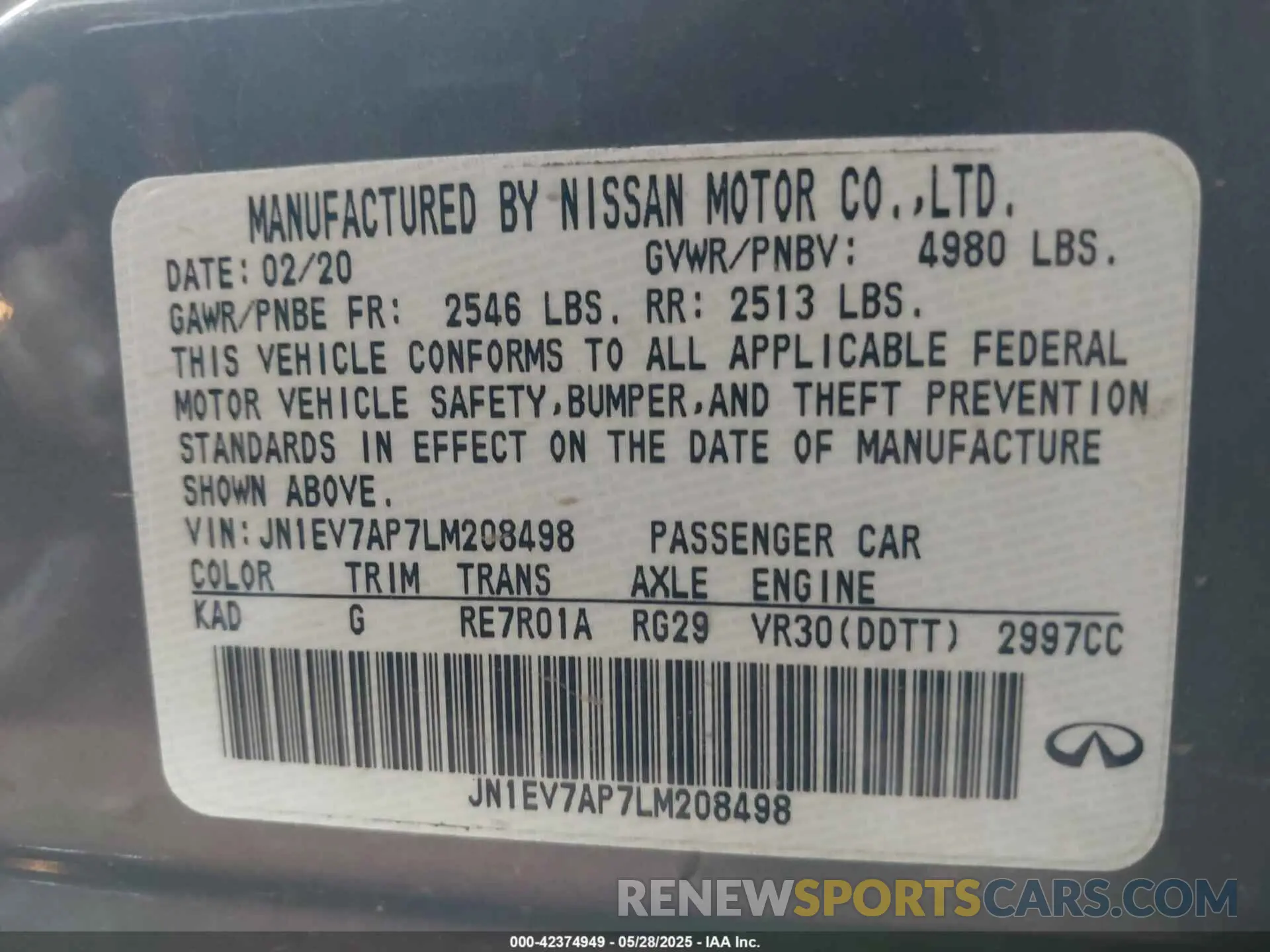 9 Photograph of a damaged car JN1EV7AP7LM208498 INFINITI Q50 2020