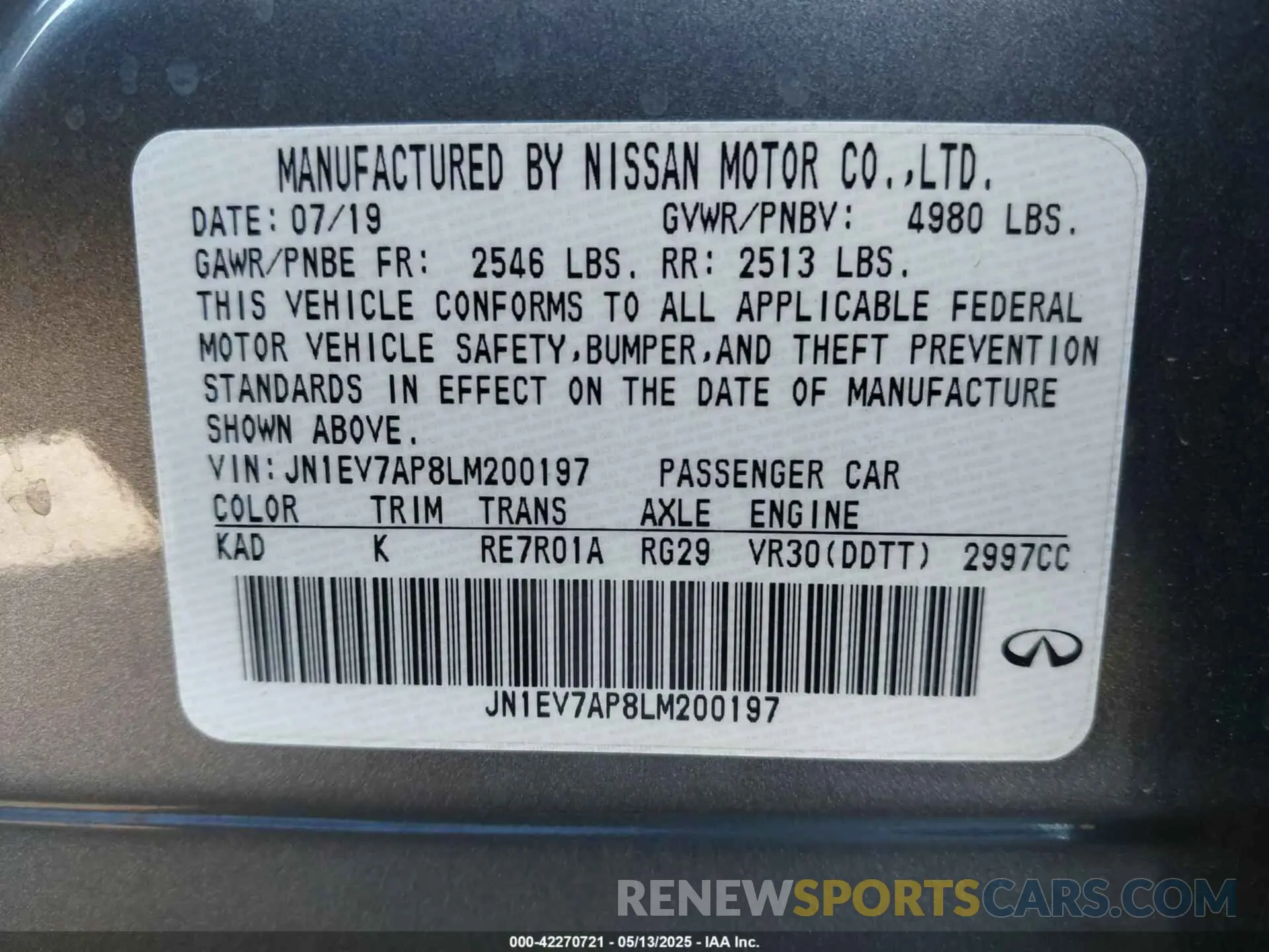 9 Photograph of a damaged car JN1EV7AP8LM200197 INFINITI Q50 2020