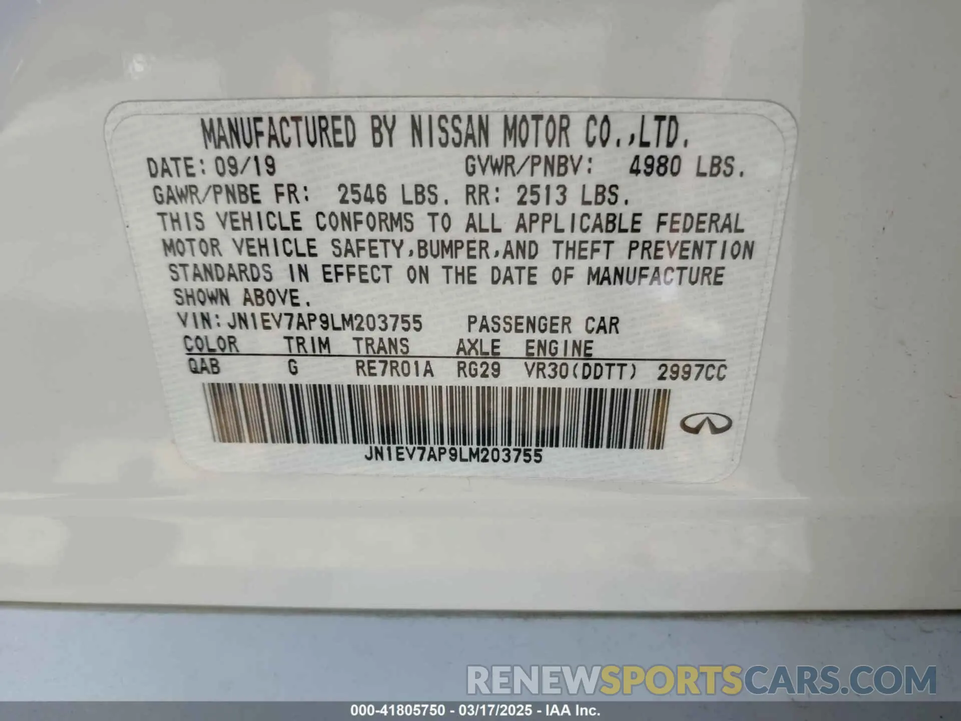 9 Photograph of a damaged car JN1EV7AP9LM203755 INFINITI Q50 2020