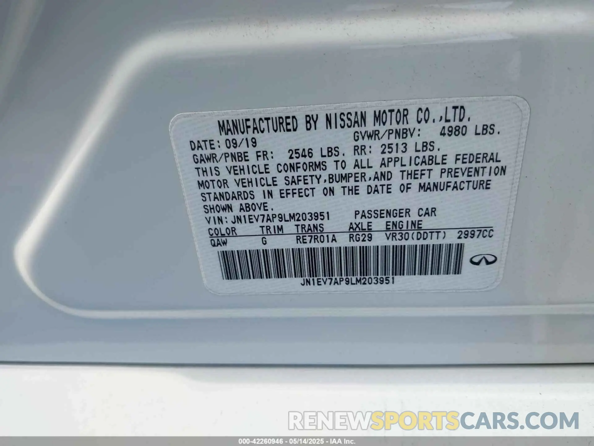 9 Photograph of a damaged car JN1EV7AP9LM203951 INFINITI Q50 2020