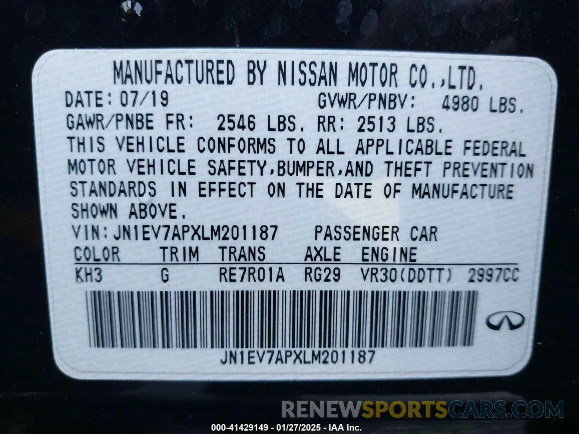 9 Photograph of a damaged car JN1EV7APXLM201187 INFINITI Q50 2020
