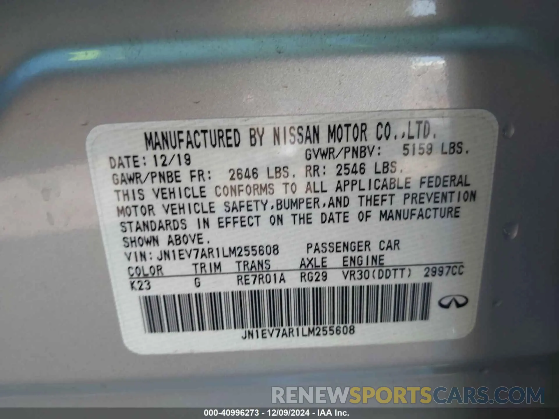 9 Photograph of a damaged car JN1EV7AR1LM255608 INFINITI Q50 2020